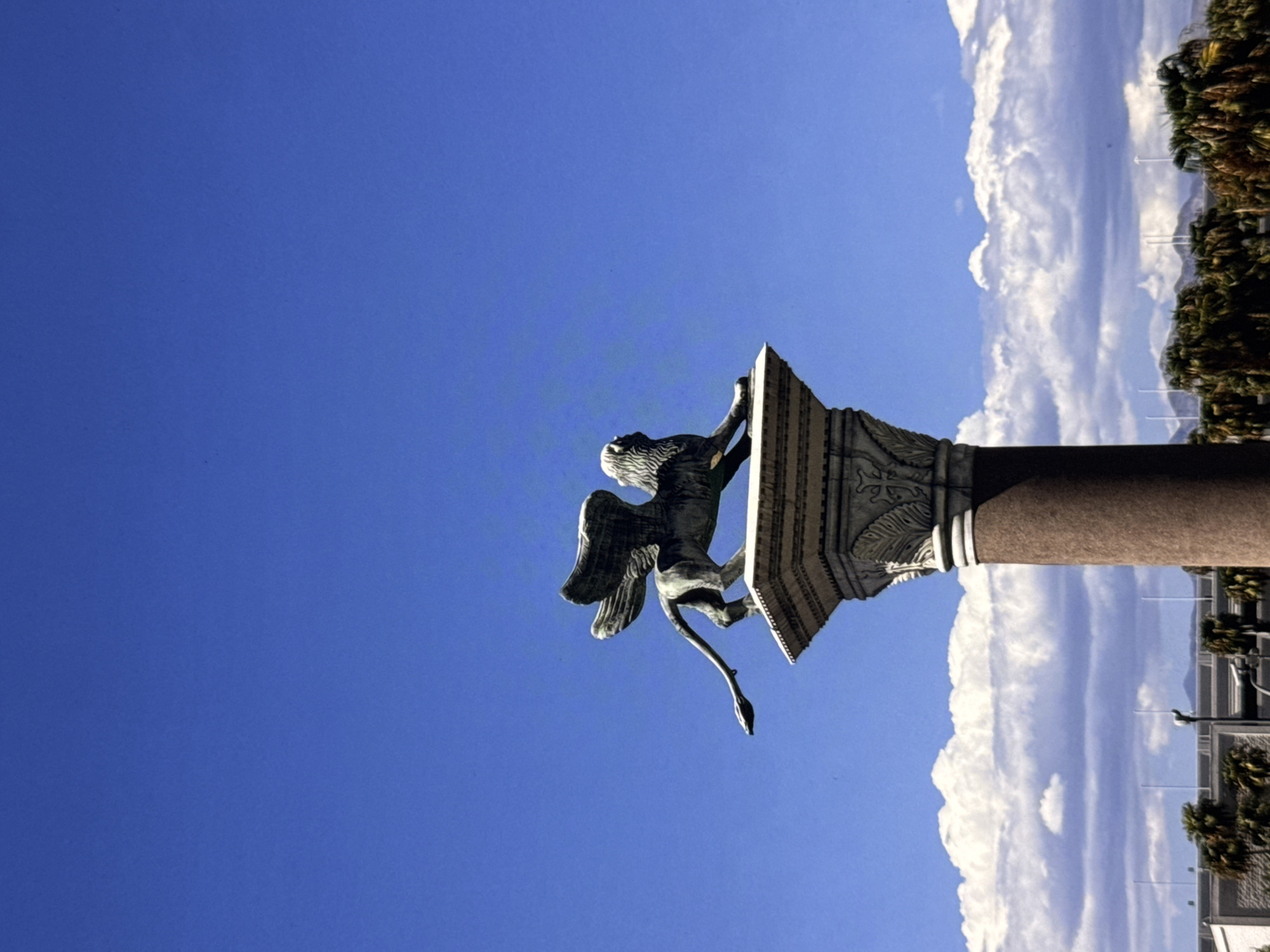 The photograph captures a winged lion statue perched atop a column against a bright blue sky. The statue is bronze and depicts a lion with outstretched wings and a flowing tail, facing to the left. The column is ornate, with a decorative capital featuring leaf motifs and a textured, reddish-brown shaft. Below the column, a line of white, fluffy clouds stretches across the horizon, partially obscuring palm trees and buildings. In the background, distant mountains are visible.
This specific statue is a replica of the Lion of Saint Mark, a symbol of Venice, Italy. In Los Angeles, a similar replica, known as the Lion of San Marco, stands in Pershing Square.