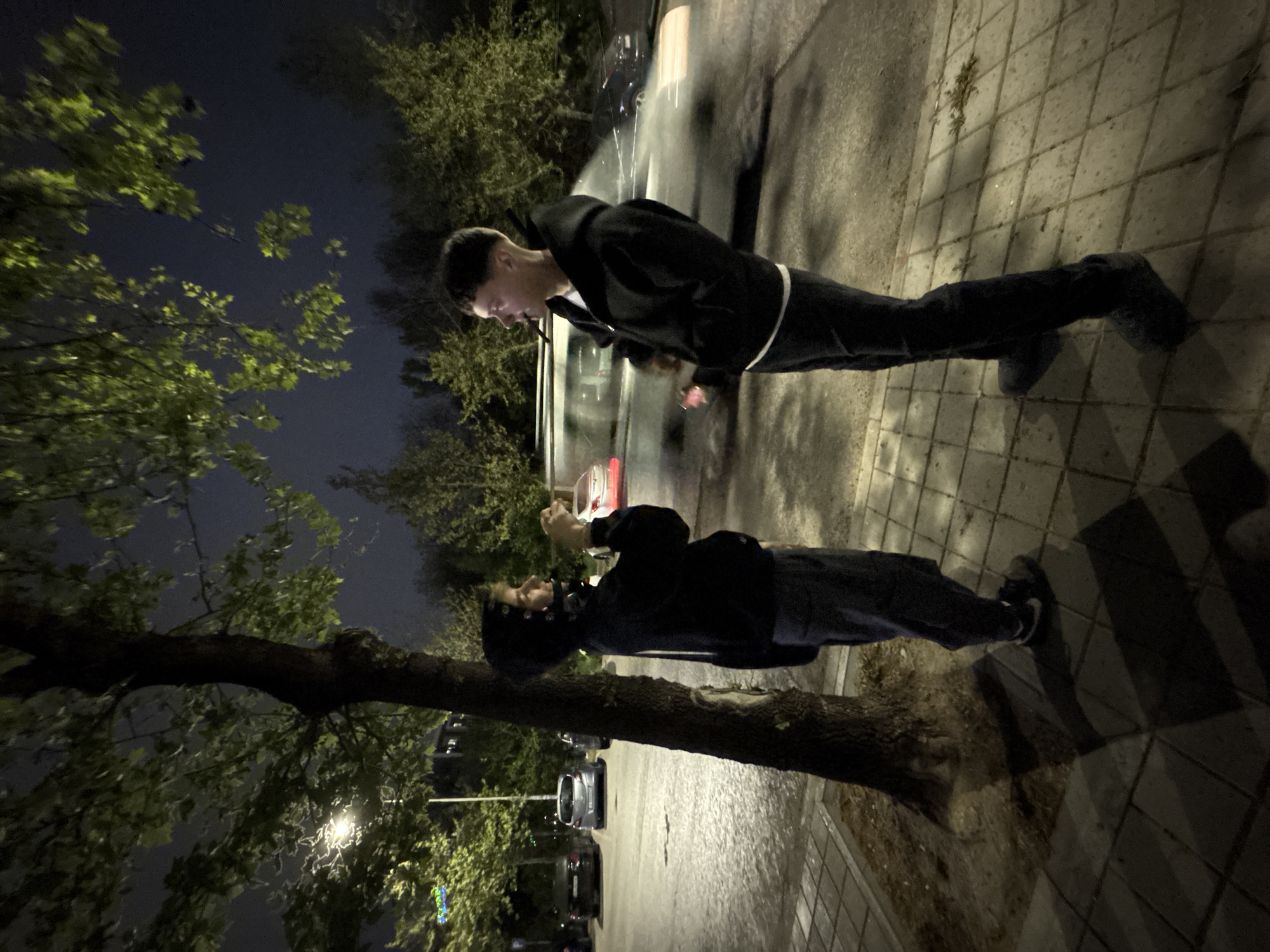 The image, taken at night, depicts two young men standing on a paved sidewalk alongside a tree in an urban or suburban setting, likely in Plovdiv, Bulgaria. The scene is illuminated by artificial light from streetlights and passing or parked vehicles, against a dark night sky.
On the left, closer to the camera, one man with dark hair is standing next to a tree trunk. He wears a dark hooded jacket and dark pants, and appears to be holding a smartphone with both hands, looking intently at its screen.
Further down the sidewalk on the right, the second man, also with dark hair and wearing a dark hooded jacket over a white top and dark pants, stands under a bright streetlight. He is looking downwards, possibly at his own phone or towards the first man.
Behind the individuals, a street is visible with several parked cars. The ground is a light-colored paved surface, and trees with green foliage are scattered throughout the background. No discernible text is visible in the image. The overall atmosphere is calm, with the subjects seemingly engaged in using their electronic devices outdoors at night.