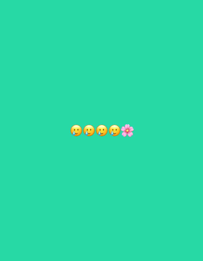 A horizontal line of four yellow, smiling emoji faces with tear drops are displayed in the center of the frame against a teal background. To the right of the emoji faces, a single pink flower with five petals is depicted.