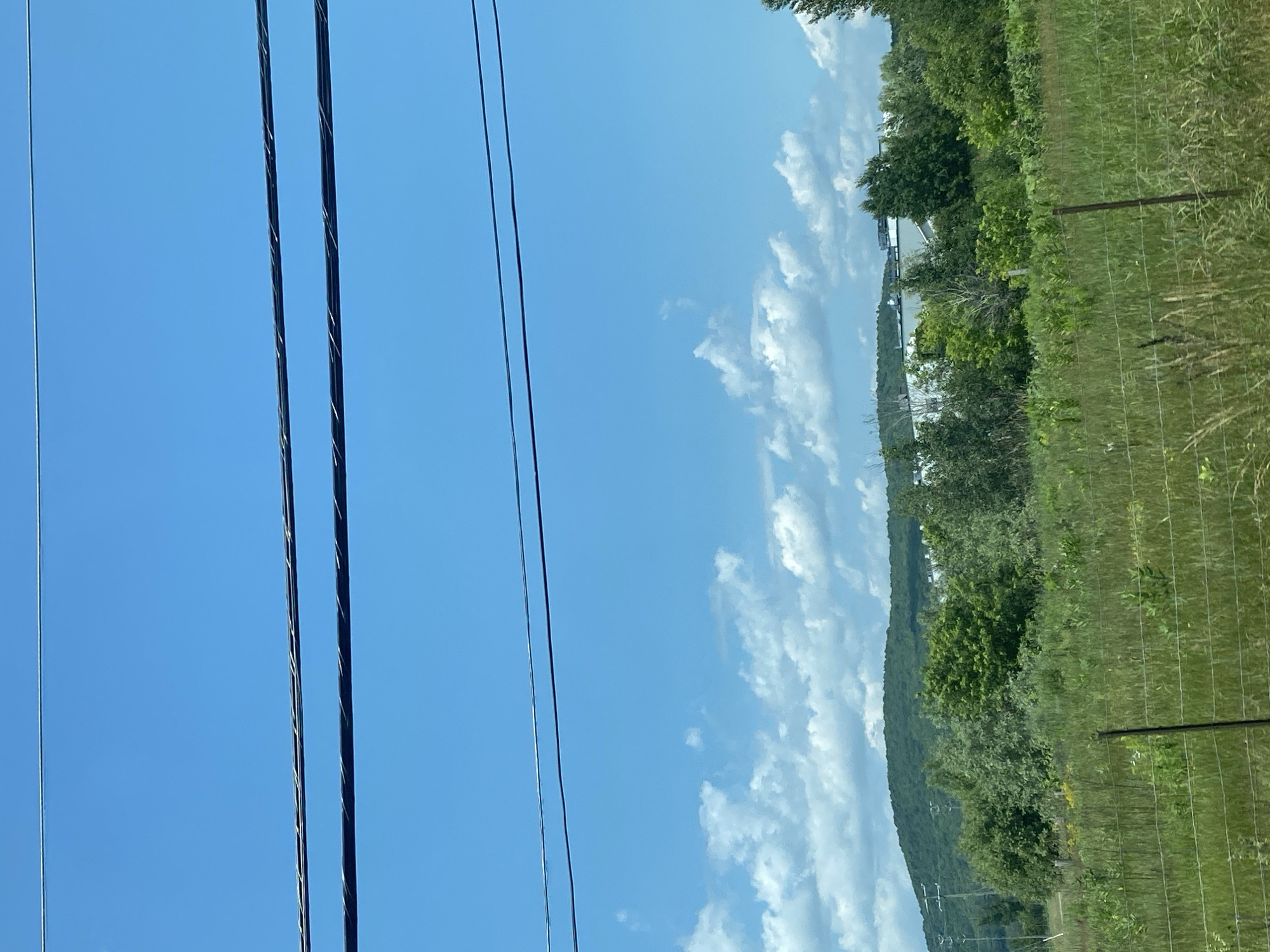 The image captures a rural landscape under a clear blue sky with scattered white clouds. In the foreground, a grassy field is partially obscured by a wire fence. Beyond the field, a dense line of trees and shrubs forms a green barrier, with a hilly, tree-covered landscape in the background. A white building or complex of buildings is visible on the crest of a hill in the distance, partially peeking through the trees. Several power lines stretch across the upper portion of the frame. The scene appears to be a natural setting in a rural area of Saint-André-Avellin, Canada, likely depicting a view from a road or elevated vantage point. No people or animals are visible in the frame.