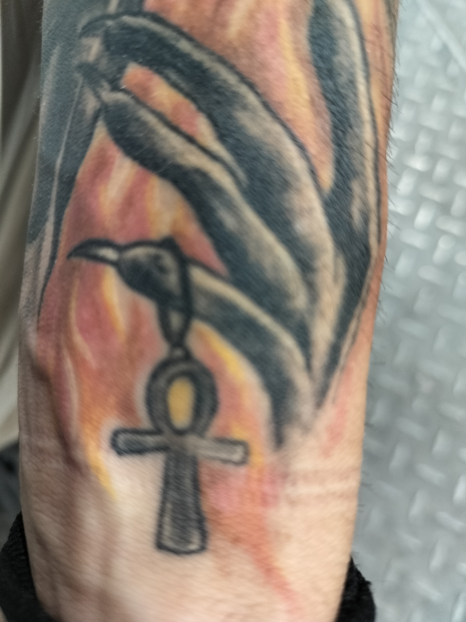 A close-up, slightly blurred image depicts a person's arm adorned with a colorful tattoo. The central design features a prominent, dark, stylized bird, possibly a raven or phoenix, with large, sweeping wings or feathers occupying the upper portion of the tattoo. Below the bird, an Ankh symbol, rendered in dark grey with a yellow oval, is prominently displayed, seemingly hanging from the bird's form. The background of the tattoo is filled with warm, vivid hues of red, orange, and yellow, resembling flames or a fiery glow, providing a striking contrast to the dark elements.
The arm exhibits light-toned skin with some visible hair follicles. On the right side of the frame, a blurred background shows a light-grey, textured surface, possibly a metal diamond plate. The left side features a softer, indistinct light background. The image focuses solely on the tattoo and the arm, with no specific activity taking place. There is no visible text within the image, and no direct visual cues to indicate the time of day, weather, or specific location within Gorno Sahrane, Bulgaria.
