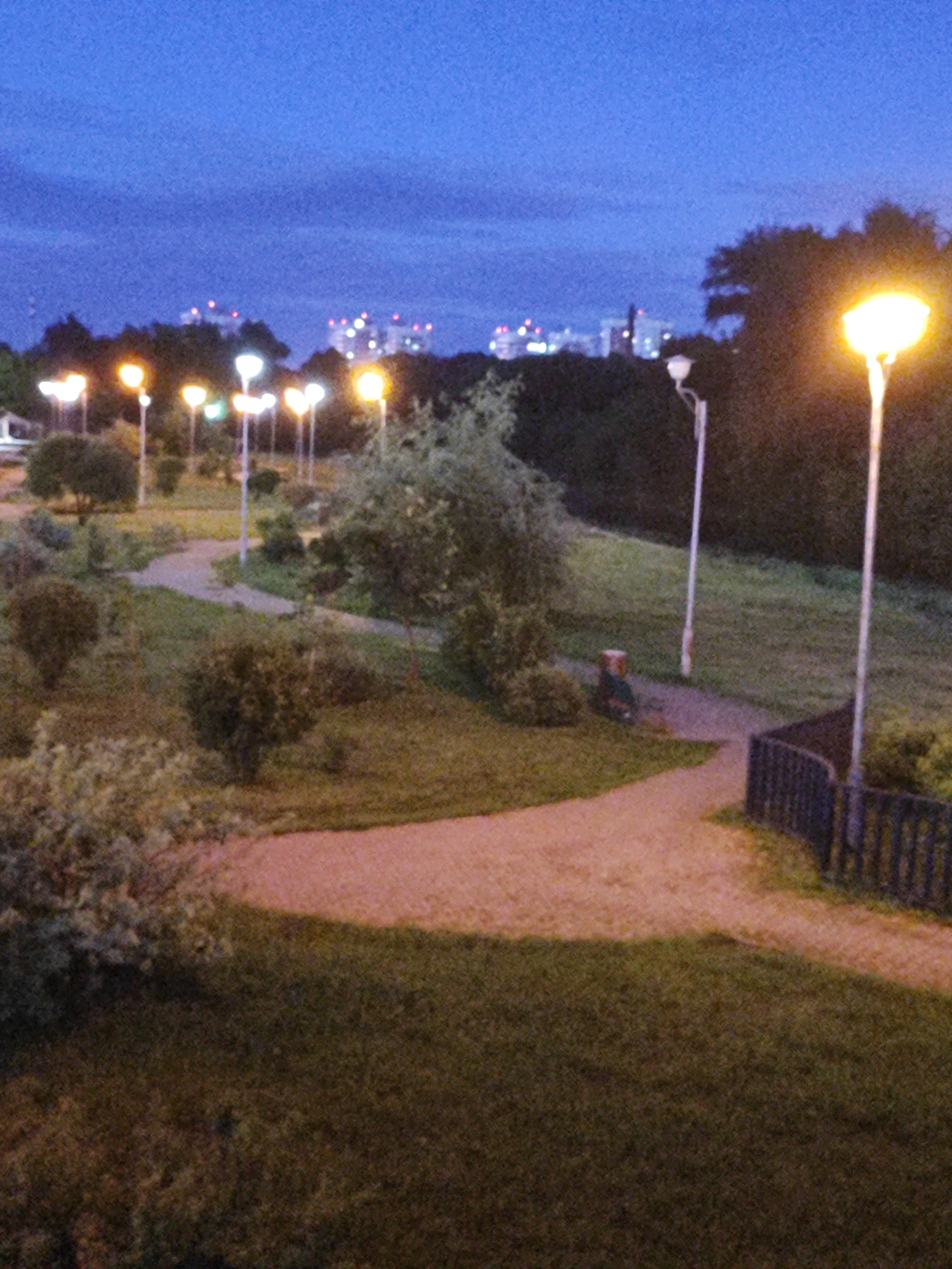 The image depicts an outdoor scene at dusk or night in an urban park. The sky is a deep blue, with some subtle cloud formations visible. Several streetlights illuminate the area, casting a warm, yellowish glow. One prominent streetlight is in the foreground on the right, its light bulb clearly visible. In the background, distant city lights are visible, suggesting the park is located in or near a populated area.
The park features a winding pathway made of reddish-brown gravel or dirt, surrounded by grassy areas and trees. Several trees of varying sizes are scattered throughout the park, some appearing more dense and bushy, while others are taller and more spread out. In the middle ground, a row of streetlights runs along the pathway. To the left of the pathway, near a cluster of bushes, a trash receptacle is visible, appearing dark green or blue. A black, slatted fence runs along the right side of the pathway in the middle ground.
The overall impression is one of a tranquil evening in a park, with the artificial lights providing visibility and a sense of atmosphere. The image quality is somewhat grainy, which is common for low-light photography.