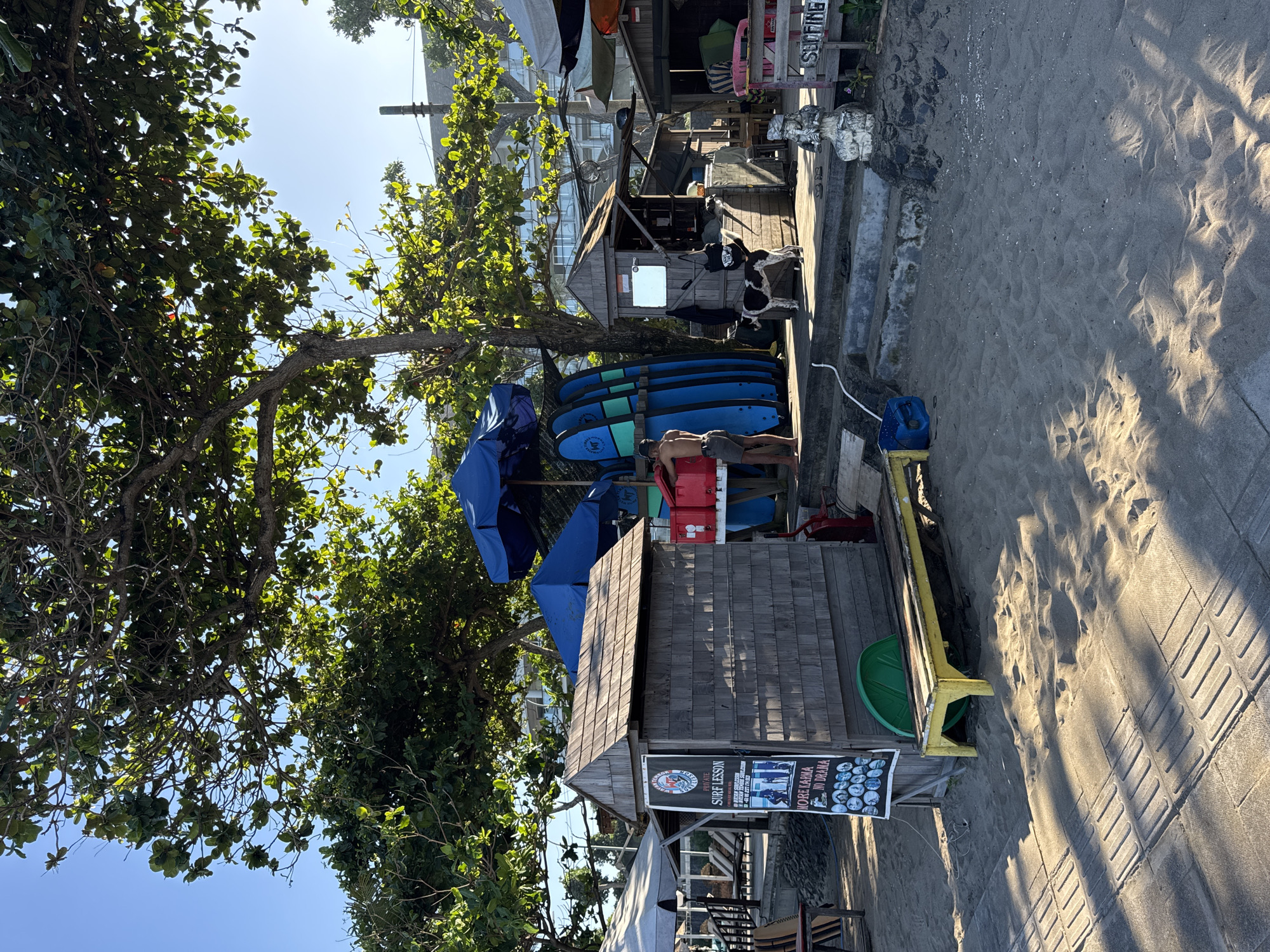 The scene depicts a beachside surf shop in Kuta, Indonesia, rendered in a vertical orientation. The establishment appears rustic, constructed primarily from wood. A man is visible tending to a stack of blue surfboards. A sign advertising "Surf Lesson" is prominently displayed on the shop. A black and white dog stands on an elevated platform adjacent to the structure. The foreground consists of sandy beach. The sky is clear and blue. Dense trees cast shadows over the location.