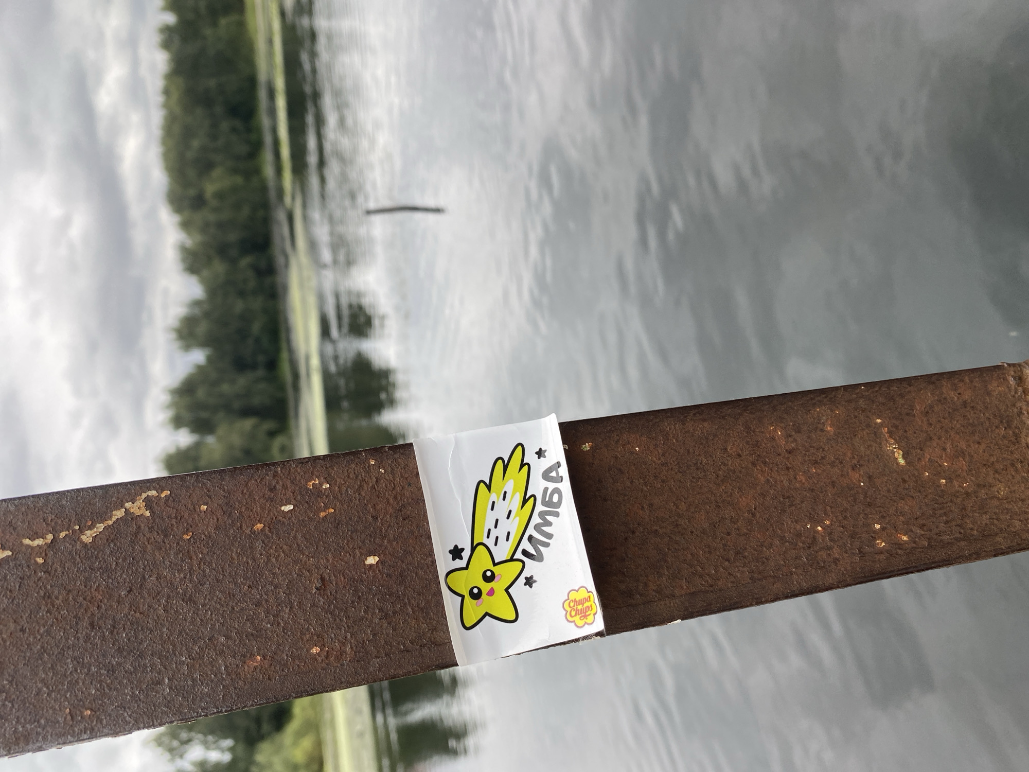 The image shows a close-up of a rusty metal pole with a sticker attached. The sticker features a yellow cartoon shooting star with a smiling face and black eyes, leaving a yellow trail with black dashes behind it. The word "ИМБА" is written in black text below the star. To the left of the star, a small yellow cloud-shaped logo with the text "Chupa Chups" is visible. The pole is positioned in front of a body of water, likely a river or lake, with green algae on the surface. In the background, a dense line of green trees forms the treeline, and the sky is overcast with gray clouds. The context of Соболиха, Russia, is not visually evident in the provided image.