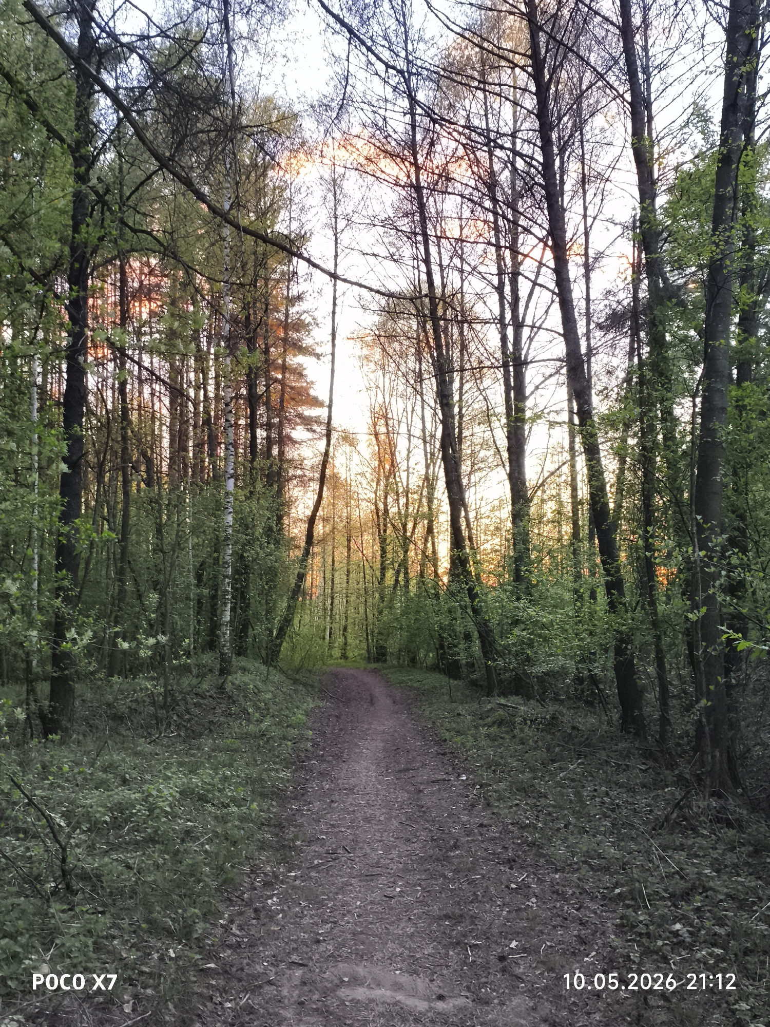 The image depicts a dirt path winding through a forest. The path is flanked by trees, with green foliage visible. Sunset is visible through the trees, indicating time of day. The location is Chaikovsky, Russia, as indicated by the GPS data (not visible but stated in the prompt). There are no people visible in the image. The only objects are the trees, path, foliage, and ground cover. The action is static, a scene of a path in a forest. The environment suggests a natural setting within the city limits. A watermark in the lower left reads "POCO X7" and a timestamp is present in the lower right corner reading "10.05.2026 21:12."