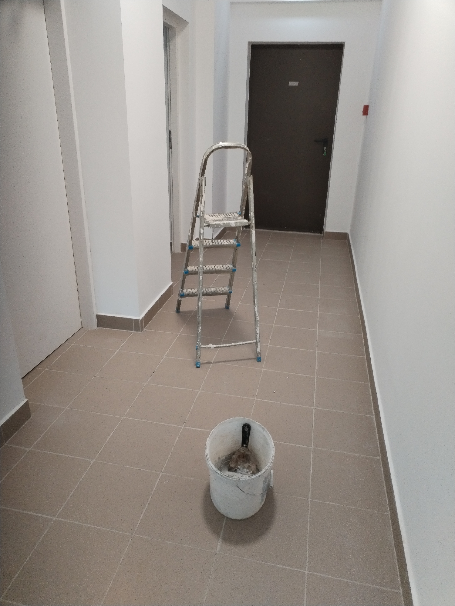 The image depicts an interior hallway, likely in Bucharest, Romania, characterized by its tiled floor and freshly painted walls. A silver stepladder stands centrally, positioned mid-hallway, with its steps clearly visible. In the foreground, a white bucket containing a trowel and some residue is placed on the floor. A closed dark brown door is visible at the far end of the hallway, to the right of the stepladder. The overall impression is of a space undergoing renovation or maintenance, with the presence of tools and the clean, unfinished appearance of the walls.