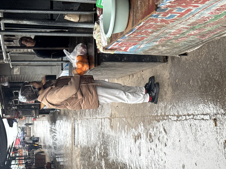 This image depicts a wet outdoor market scene in Jiangjin, China. In the mid-left foreground, a woman with short dark hair, covered by a clear plastic bag acting as a rain cap, stands facing right. She wears a light brown long-sleeved top, a medium brown sleeveless puffer vest, white sweatpants, and black platform-soled shoes with red socks. Her hands are positioned on a clear plastic bag filled with oranges, which rests on the wooden counter of a vendor stall. To the immediate right of the oranges, another clear plastic bag contains what appears to be meat.
Behind a series of vertical metal bars, positioned in the mid-right, a man in a black long-sleeved shirt looks towards the left. A light-colored handbag hangs from a hook behind him. The stall's lower front section in the foreground exhibits faded multi-colored Chinese characters. On the far right of the stall counter, a light green plastic basin, a white plastic bag, and a patterned cloth are visible. The concrete ground is visibly wet and reflective, indicating recent precipitation. In the background, a covered market aisle extends into the distance, revealing additional market stalls and indistinct figures. The ambient lighting is diffused and overcast.