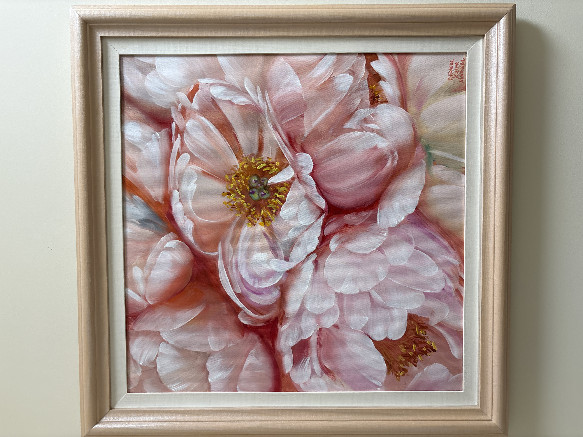 The image shows a framed oil painting of pink peonies. The painting is in a light-colored wooden frame with a white mat. The flowers are depicted in close-up, with delicate petals and yellow stamens. The artist's signature is visible in the lower right corner of the painting. The painting is hanging on a plain, light-colored wall. The location in the city of Plovdiv, Bulgaria, is not discernible from the image.