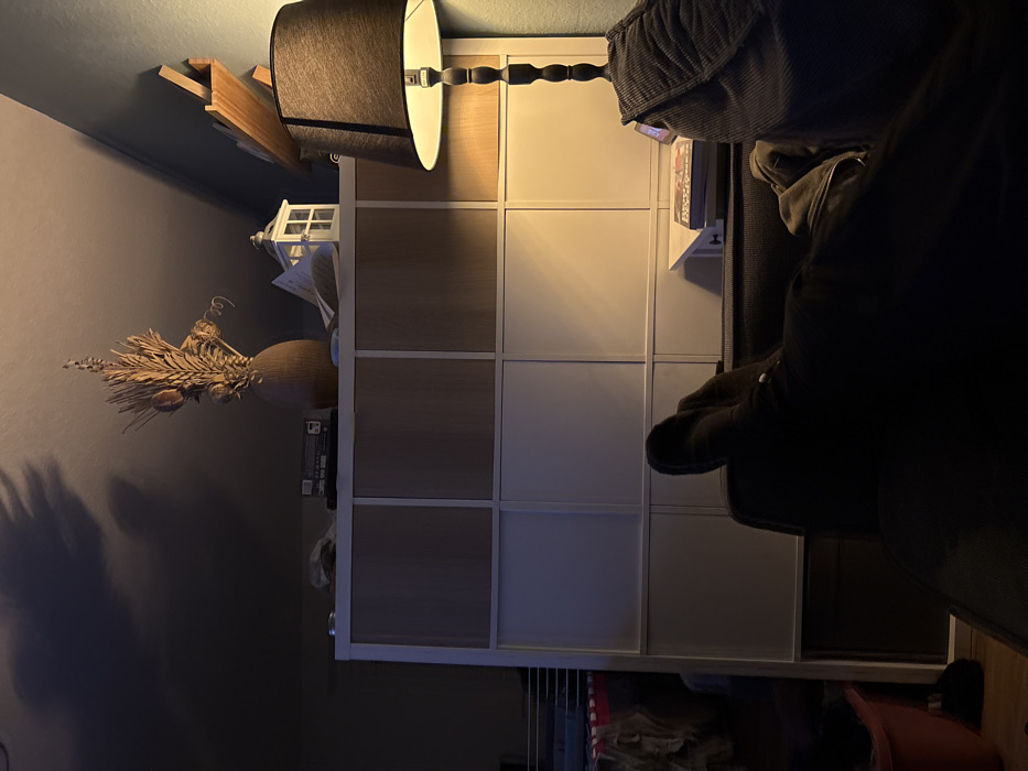 The image depicts an indoor residential scene within Rostock, Germany, characterized by dim artificial illumination. A partial view of a person occupies the lower-center, reclining on a dark sofa or chair. Their lower legs and feet, clad in dark footwear, are elevated. Adjacent to the person on the right, an illuminated floor lamp with a dark fabric shade casts light on a teal-painted wall and a large, multi-compartment modular shelving unit. The shelving unit's compartments consist of both white and light wood panels.
Decorating the top of the shelving unit are a tall, textured vase holding a dried botanical arrangement, a white decorative lantern, and a small stack of papers or magazines. Above the lamp, a minimalist wooden wall shelf is mounted. To the far left, a clothes drying rack with laundry and a red bucket are partially visible in darker conditions. A large, indistinct shadow is cast across the ceiling in the upper-left area.