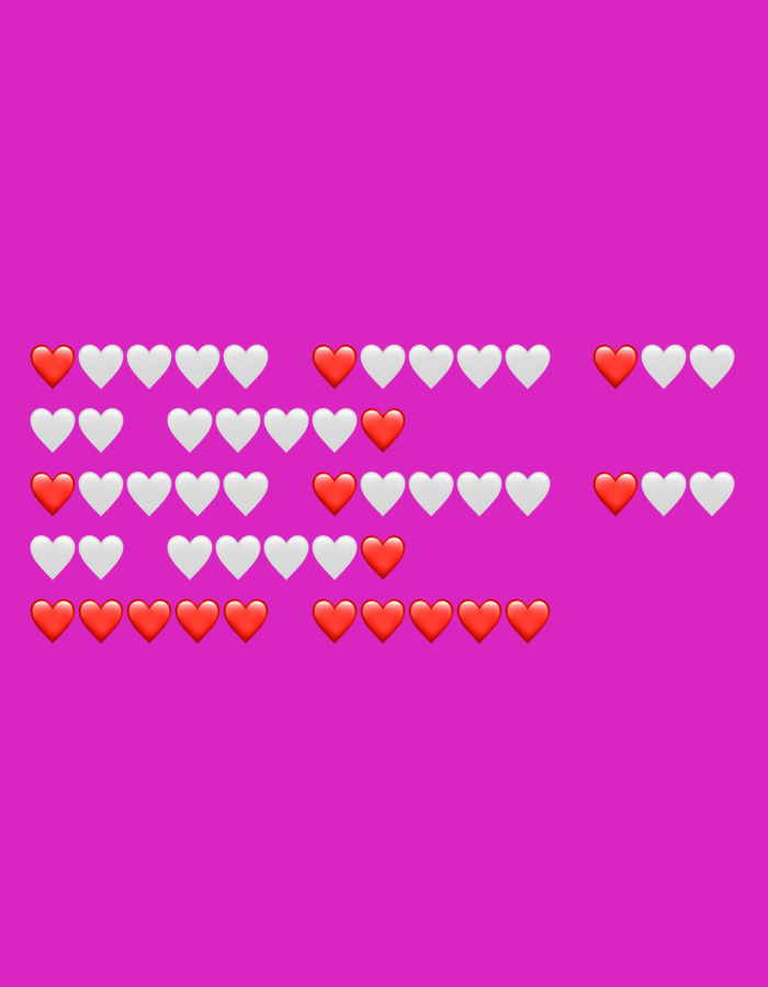 The image is a digital graphic featuring rows of heart emojis on a vibrant pink background. The hearts are arranged in horizontal lines, with a mix of red and white emojis. The arrangement appears to mimic a health bar or progress indicator, common in video games. The first row starts with a red heart followed by several white hearts, then repeats this pattern with a slight gap. The second row begins with white hearts, then has two red hearts, followed by more white hearts. The third row is entirely red hearts. The bottom portion of the image is empty space. The graphic does not depict any real-world locations or objects, and therefore cannot be associated with Tbilisi, Georgia.