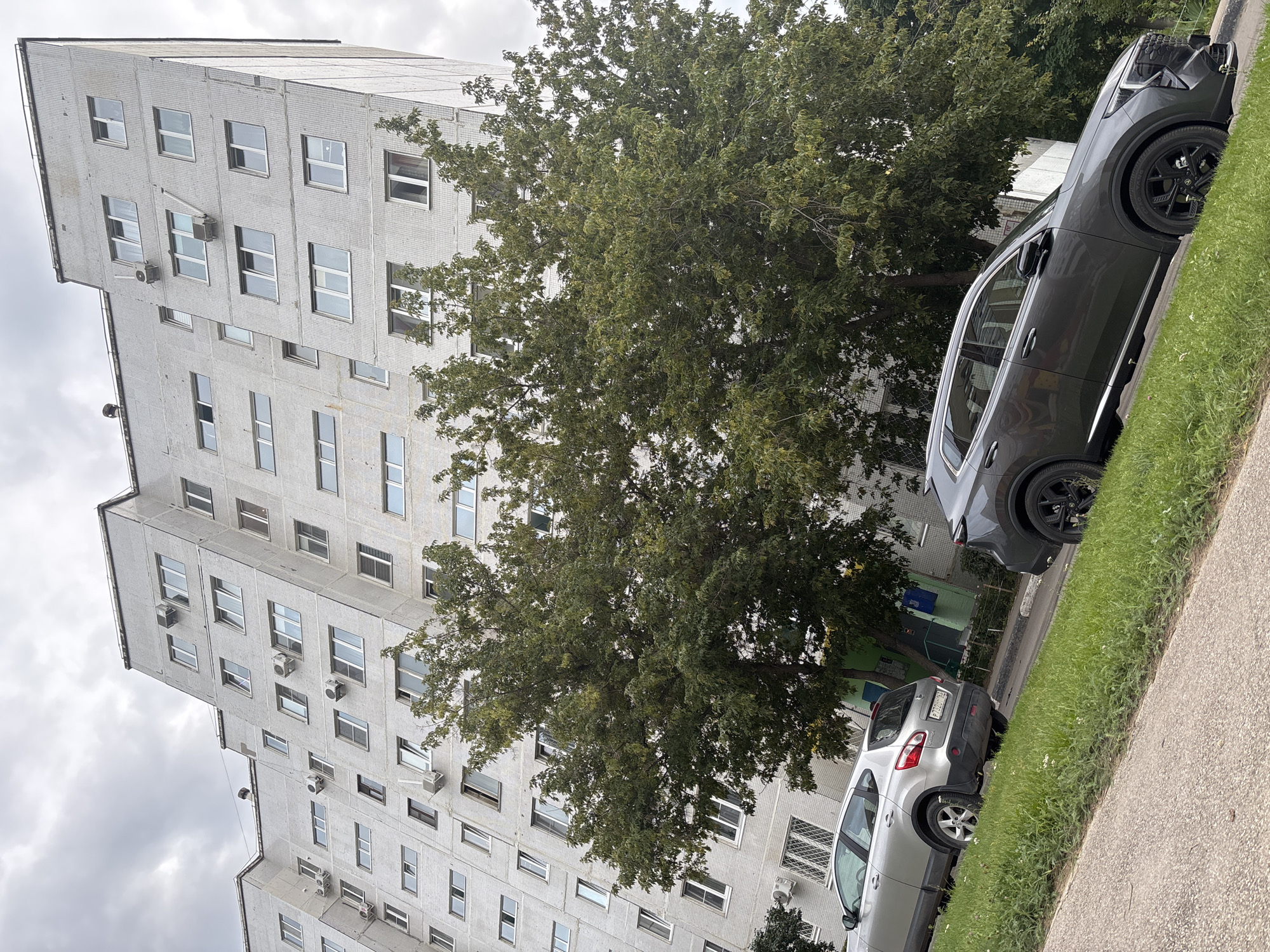 A three-quarter angle, eye-level exterior shot captures a grey four-door sedan parked on a grassy incline alongside a road, with a silver hatchback parked further up the street in front of a tall, light-colored apartment building in Tolyatti, Russia. The apartment building, with its distinctive, slightly irregular facade and numerous windows, is partially obscured by the dense green foliage of several large trees positioned in front of it. The sky above is overcast with grey clouds. The grass is a vibrant green, and a concrete pathway runs along the bottom of the frame. The silver hatchback is a Nissan Qashqai.