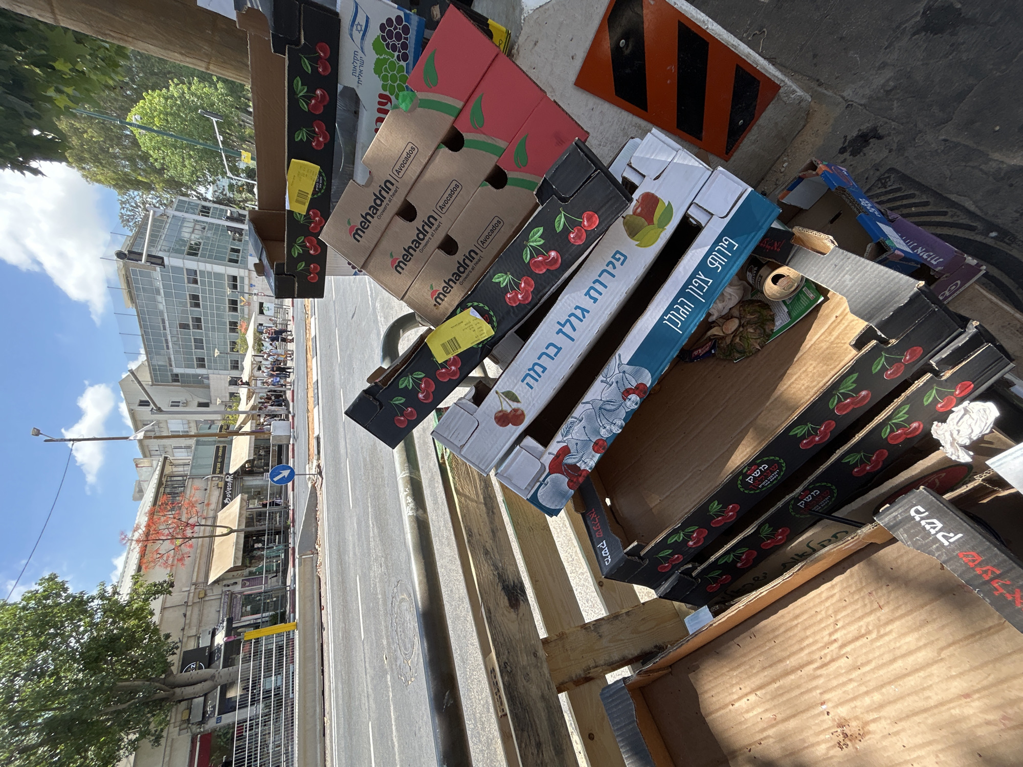 The image shows several stacked cardboard boxes, primarily for fruit, on a sidewalk next to a street in Rishon LeZion, Israel. The boxes display graphics of cherries, grapes, and avocados, and some have text in Hebrew and English. One box is labeled "Mehedrin Growers at Heart Avocados." Other boxes have Hebrew text that translates to "Cherries" and "Grapes." In the background, there is a street with cars, a sidewalk with some pedestrians, buildings with awnings, trees, and a cloudy sky. A metal railing separates the sidewalk from the street. There is also a discarded soda can and a piece of construction debris. The boxes appear to be discarded or awaiting pickup.