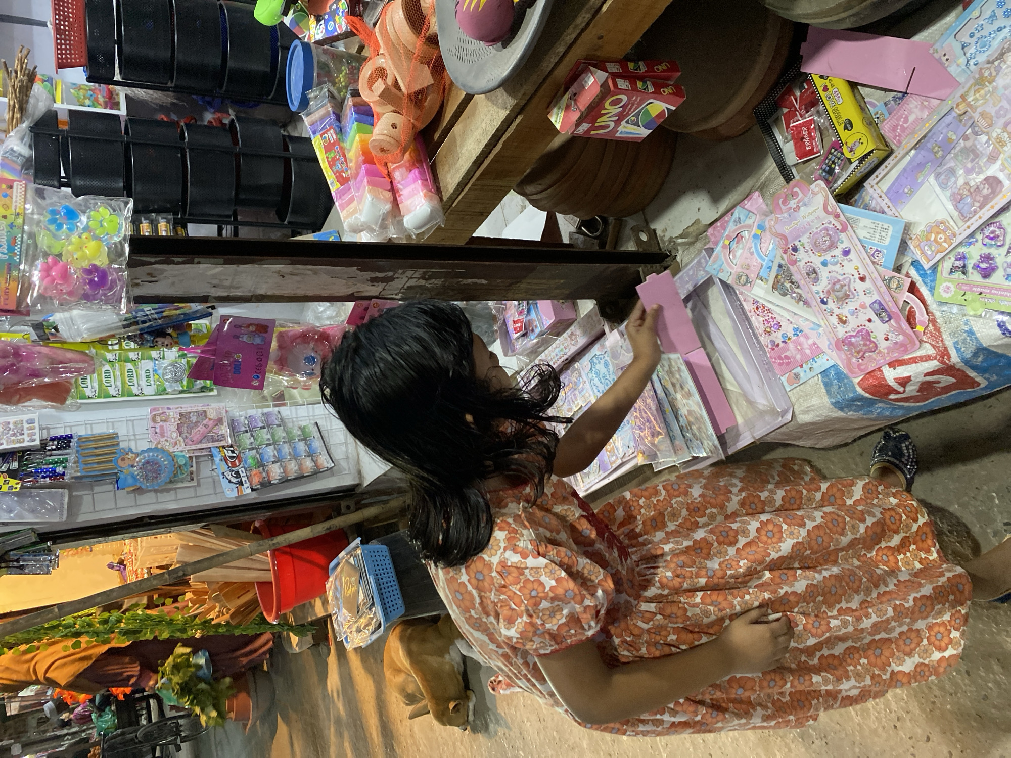 Here's a detailed description of the image:
**Setting:** The photo appears to have been taken at a small shop, likely in the city of Dhaka, Bangladesh. The shop seems to be a makeshift setup with a variety of items on display.
**People:**
* A young girl is the main subject. She is seen kneeling or sitting on the floor, looking at items on display. She is wearing a dress with a white and orange flower pattern.
* A tan-colored dog sits under the sales table.
**Objects:**
* **Merchandise:** A diverse collection of items is visible, including:
* Toys (plastic balls, figurines, etc.)
* Stationery (pens, stickers, erasers, drawing pads)
* UNO card game packs
* Containers like buckets and baskets.
* **Display Setup:** The items are placed on shelves and the floor. The display is somewhat cluttered.
* **Other Details:**
* There is what looks like artificial greenery draped around parts of the shop structure.
**Actions and Interactions:**
* The girl is looking at and possibly picking up items from the merchandise on display. She holds a pink drawing pad.
* The dog is sitting under the table.
**Environment:**
* The lighting suggests an indoor or covered area. The light source appears to be overhead.
* The scene appears to be a compact, busy commercial area, with goods arranged tightly in a small space.