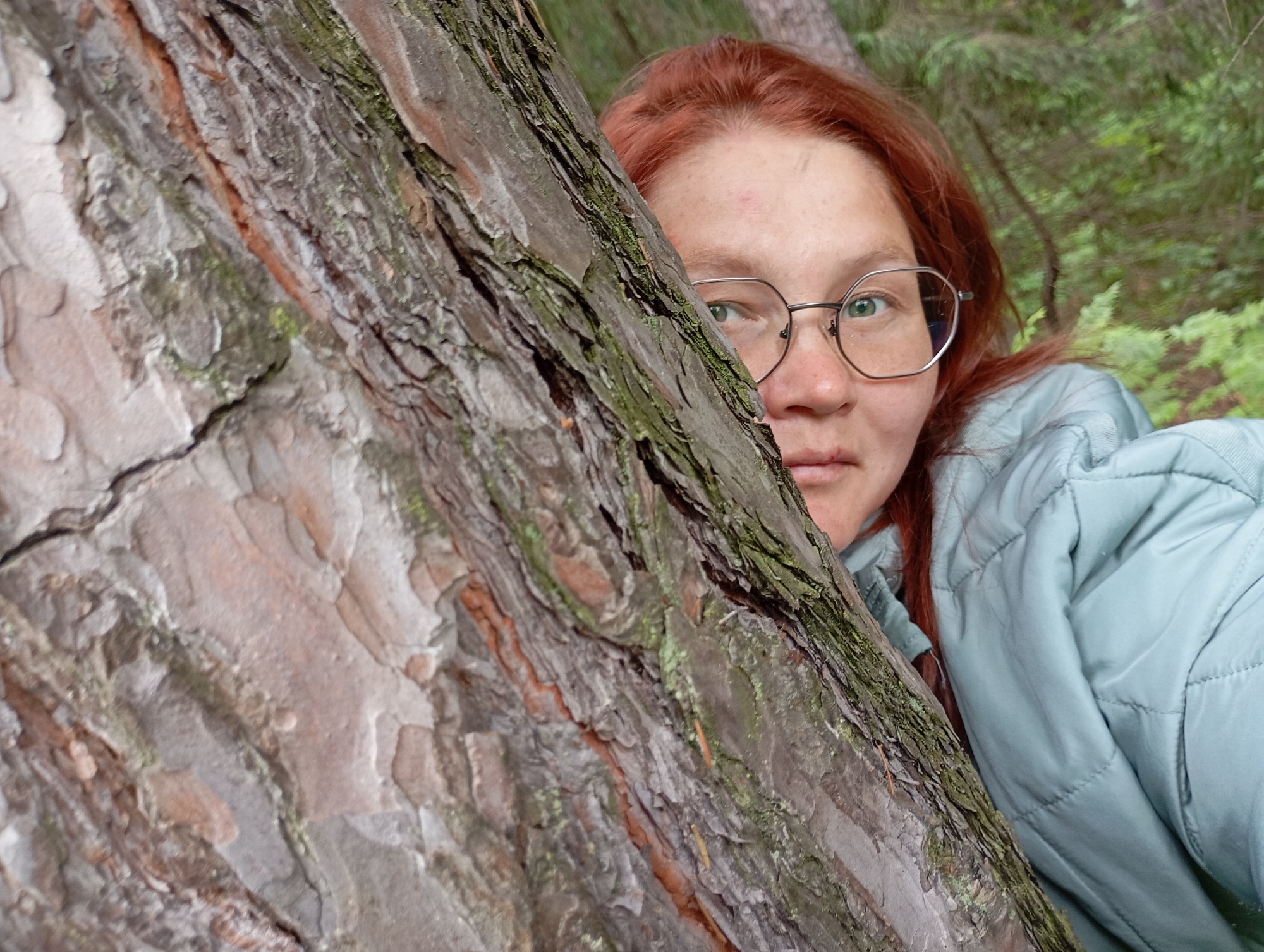 A person with distinctive red hair and a light blue quilted jacket is depicted peeking from behind a large tree trunk in what appears to be a forest environment in Chaikovsky, Russia. Only part of their face is visible, including their left eye, which is green and framed by thin, round, metallic-rimmed glasses. The person has a neutral to slightly curious expression, and their skin shows some freckles.
The foreground is dominated by the textured bark of the tree, which features a rugged surface with prominent ridges and crevices. The bark displays a range of colors, including grays, browns, and reddish-orange tones in the deeper fissures, along with patches of green moss. The soft, natural lighting suggests it is daytime, possibly under an overcast sky. In the blurred background, dense green foliage of trees and undergrowth indicates a natural, wooded setting. No text is visible in the image.