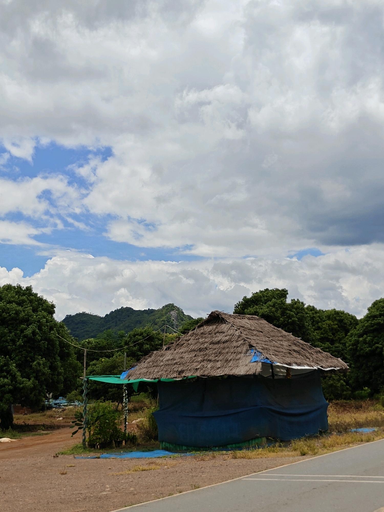 This image depicts a small, rustic structure with a thatched roof, likely a temporary shelter or roadside stall, situated in the natural landscape of Mu Si, Thailand. The shelter is partially covered by a blue tarp or fabric, with a green tarp providing additional cover at the front. The roof is made of dried vegetation, such as palm leaves or straw, and shows signs of wear.
The shelter is located on a dirt or gravel surface, with dry grass and sparse vegetation surrounding it. In the background, lush green trees form a dense canopy, partially obscuring rolling hills or mountains that are covered in vegetation. The sky above is a mixture of white and gray clouds, with patches of blue sky visible, suggesting a cloudy or overcast day with intermittent sunshine.
A paved road is visible in the foreground on the right side of the image, with faint white lines indicating lane markers. The overall impression is one of a rural or semi-rural setting in a tropical or subtropical climate. No people or animals are visible in the image. The scene is static and appears to capture a moment in time without any ongoing activity.