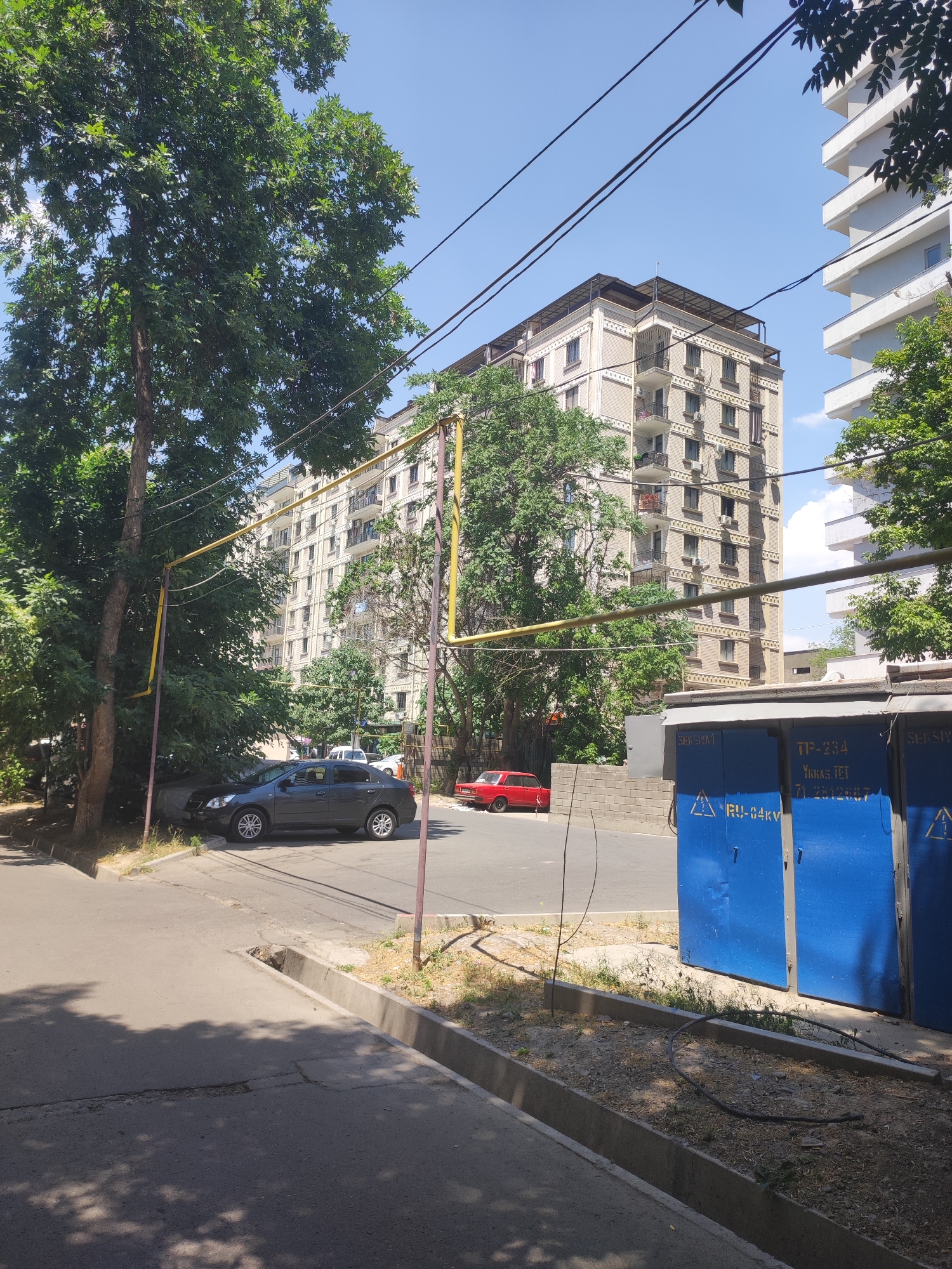 The image shows a street scene in Tashkent, Uzbekistan, with a multi-story apartment building and modern residential buildings in the background. A dark gray sedan is parked on the side of the road, and a red car is visible further down the street. Several mature trees line the road, casting shadows on the asphalt. In the foreground, there are two blue electrical utility cabinets. Overhead, power lines crisscross the sky. The scene appears to be a typical urban environment on a sunny day.
