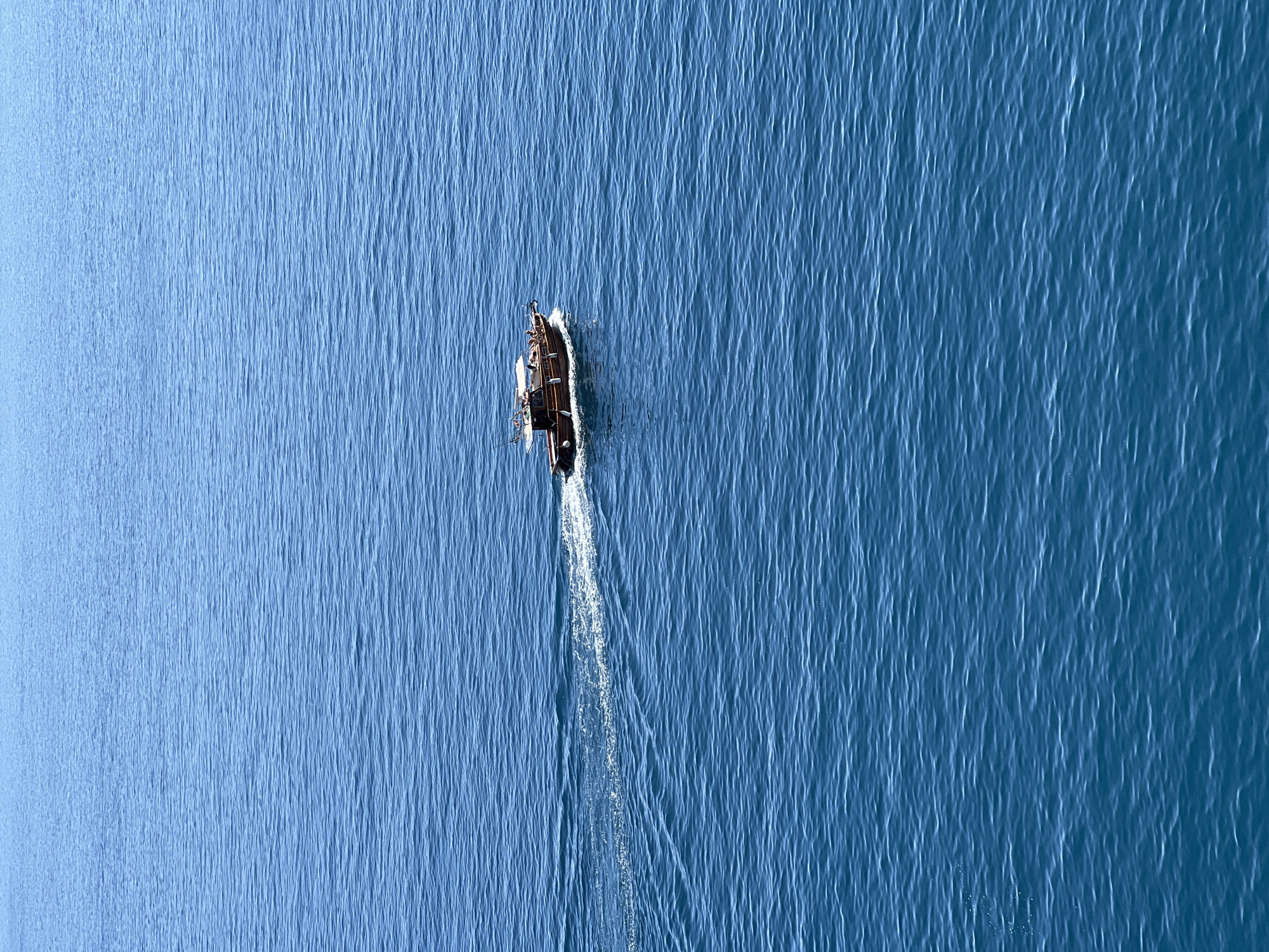 An aerial, top-down view captures a small boat actively navigating across a vast expanse of blue water. The boat, dark-colored with lighter details on its deck and cabin, is positioned slightly to the right of the frame's vertical center. It is moving, generating a distinct white foamy wake that trails behind it towards the bottom-left of the image. A few indistinct figures appear to be on board the boat.
The water's surface is covered in numerous fine, parallel ripples or small waves, creating a textured pattern across the entire scene. The color of the water subtly shifts from a lighter blue on the left to a deeper, richer blue on the right. The image is brightly lit, indicating clear daylight conditions, likely with the sun high overhead, as there are no prominent shadows. The calm to slightly choppy water suggests pleasant weather. This marine scene is consistent with coastal activities in Petrovac na Moru, Montenegro. No visible text is present in the image.