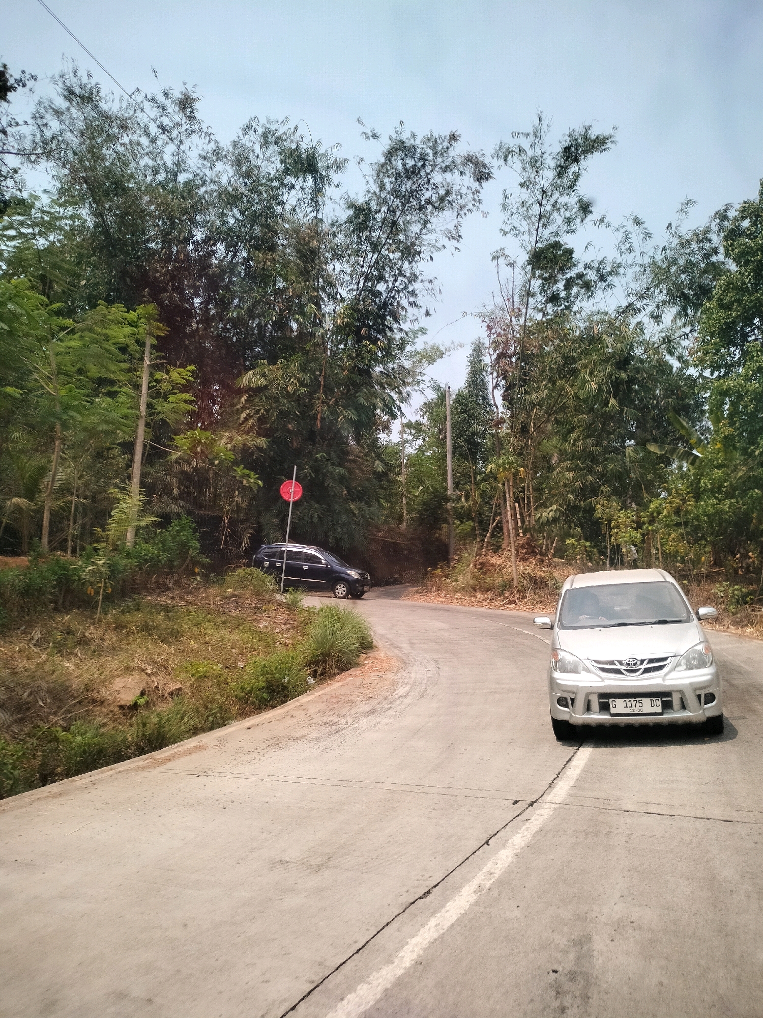A silver Toyota Avanza is driving on a paved, winding road in a rural area. The car is in the foreground, facing the camera. Behind the car, the road continues around a bend. To the left of the road, there is a grassy embankment with a ditch. To the right of the road, there is a dense bamboo forest. The sky is clear and blue. There is a black SUV parked on the side of the road in the distance, with a red circular sign posted next to it. The license plate of the silver Toyota Avanza is visible and reads "G 1175 DC". The scene appears to be in Surodadi, Indonesia.