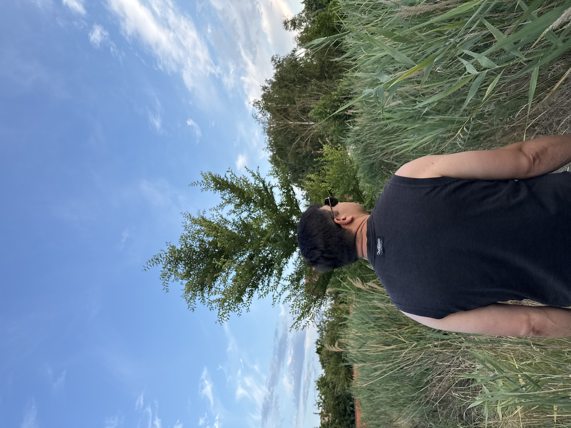 An over-the-shoulder shot captures a man from behind, facing away from the camera. He stands in a field of tall green grass and reeds, with a lone tree to his left and a dense forest in the background. The sky above is a bright blue, dotted with scattered white clouds. Buildings can be seen in the far distance, peeking through the trees on the left. The man is wearing a dark, sleeveless shirt and sunglasses. The scene appears to be set in an outdoor, natural environment, possibly on the outskirts of a rural area or a park within the city of Karachunivka, Ukraine.
