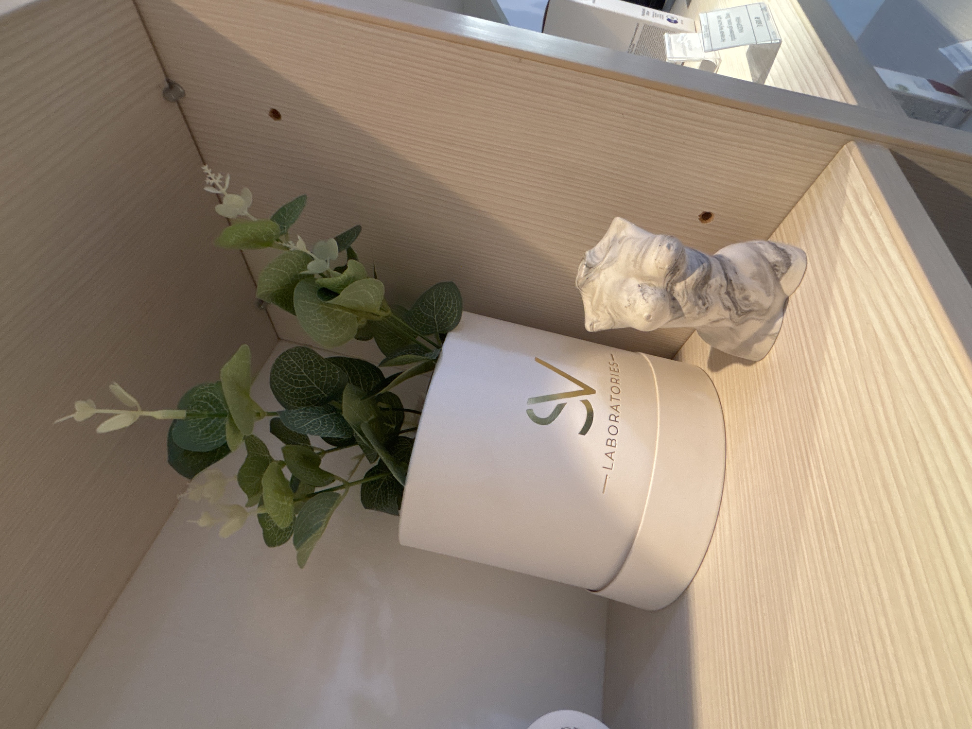 Here's a forensic description of the image:
**Scene:** An indoor shelf space, likely within a store or a home. The shelf is made of light-colored wood with a visible grain.
**Objects:**
* A white cylindrical container with a gold logo and the word "LABORATORIES" printed on it. Inside the container are artificial green plants.
* A small decorative marble-like bust is placed on the shelf next to the container.
* Other white containers and packaging are visible on the upper shelves, slightly out of focus.
**Environment:**
* The lighting is bright and appears to be artificial.
* The space is clean and organized.
**Location:** The location is Unknown, Unknown. The specifics are not discernible from the image.