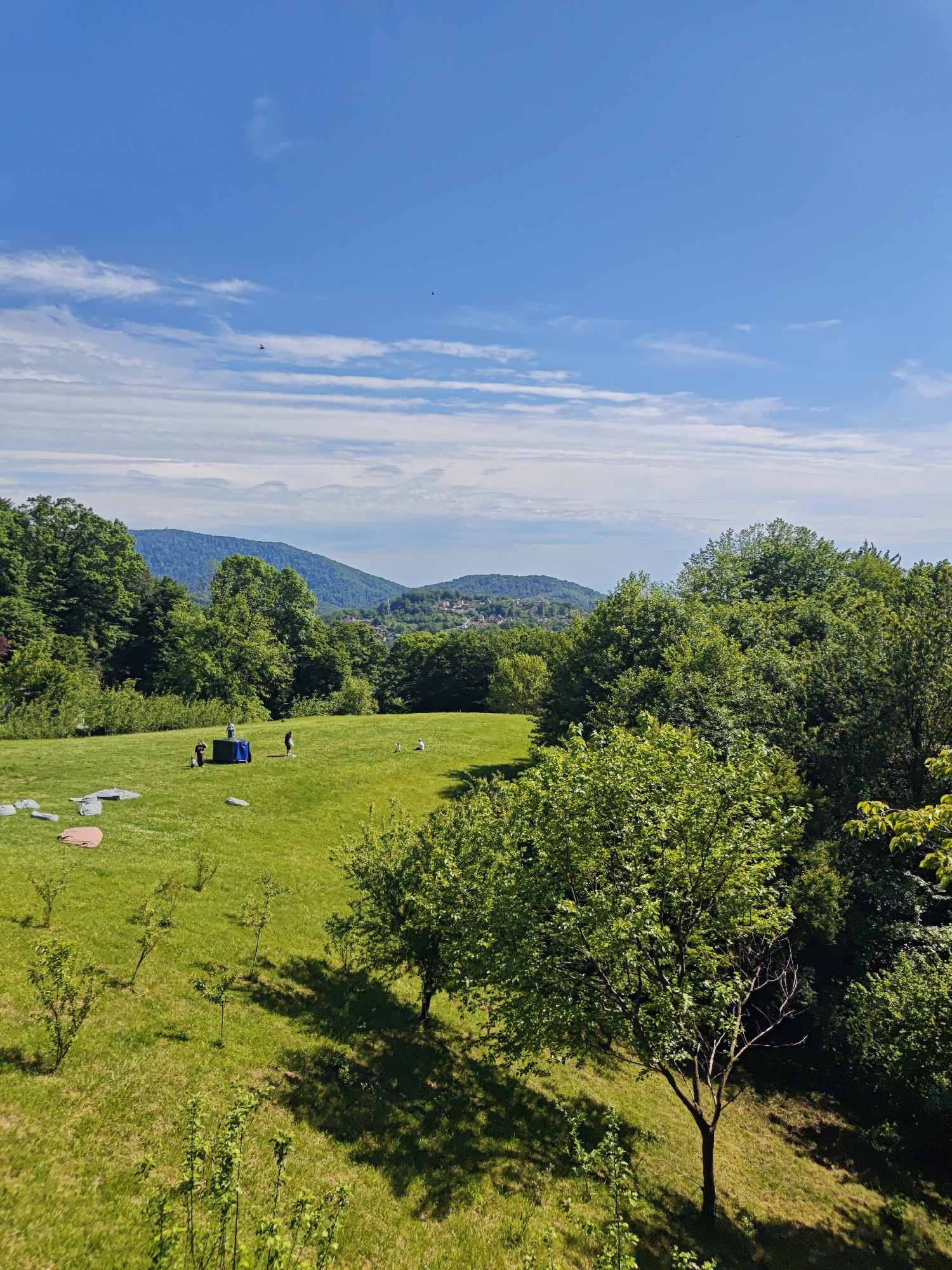 The image depicts a lush green landscape with a backdrop of mountains and a bright blue sky with scattered clouds. In the midground, a grassy field is dotted with trees, shrubs, and several gray and pink amorphous objects resembling cushions or seating. A group of people is gathered around a blue rectangular structure or screen on the grass. To the right, the foreground features a cluster of trees that partially obscure the view, creating a sense of depth. The distant view reveals a mountain range and suggests a location surrounded by nature, possibly on the outskirts of a city. The information provided doesn't lead to the conclusion that the location is the city of Прогресс, Russia.
