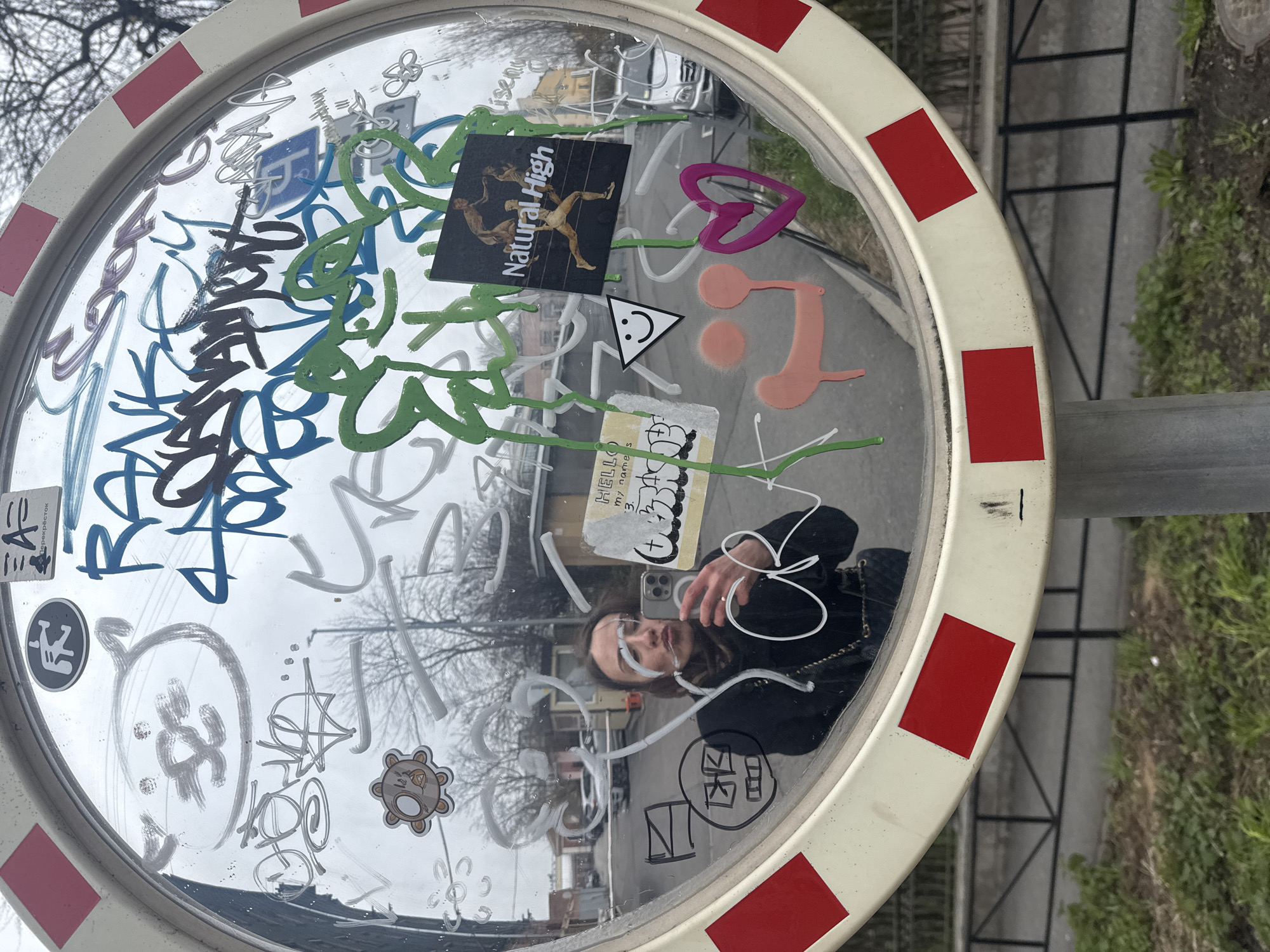 A selfie is captured in a highly vandalized, round convex traffic mirror. The mirror's frame is white with alternating red and white rectangular safety stripes.
The reflective surface is extensively covered with graffiti tags and drawings in multiple colors, including prominent green, black, blue, white, and pink markings. Several stickers are also affixed to the mirror. A black sticker displays "Natural High" with an illustration of two figures. Below it, a small white triangle sticker shows a smiley face. Another sticker reads "HELLO my name is" followed by illegible text. Other visible stickers include a brown, bear-like cartoon character, a blue circular symbol, and a black-and-white sticker partially showing Russian text, possibly "Аперекресток".
The reflection reveals a person, likely female, with dark hair and glasses, wearing a dark coat or jacket, holding a smartphone (visibly an iPhone with multiple lenses) to take the photograph. The reflected background includes bare trees, suggesting winter or early spring, and an overcast sky, indicating a cloudy daytime. Urban elements like buildings and a street or sidewalk are also visible in the reflection.
The location context for this image is Saint Petersburg, Russia.