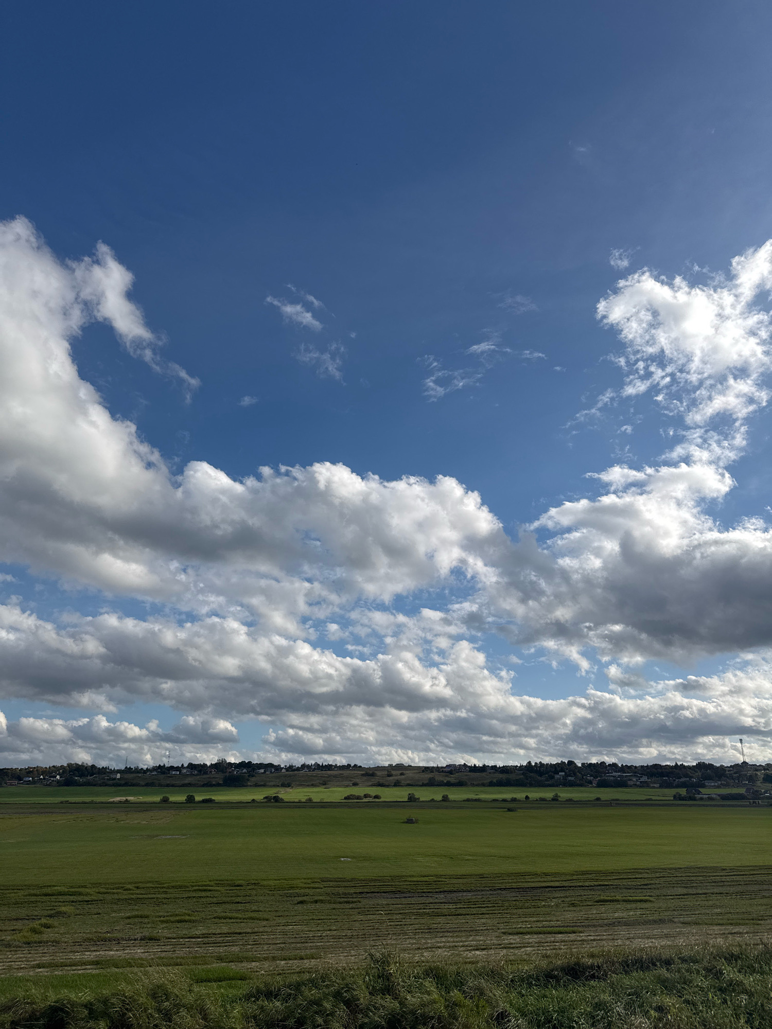 The image depicts a vast, open landscape under a bright blue sky dotted with fluffy white clouds. The foreground features a field of green grass, with rows of tilled earth visible. Beyond this, a gently rolling hillside stretches across the horizon, populated by a dense line of trees. On top of the hill, a small settlement of houses is visible, with a tall, modern tower-like structure rising above it in the distance, possibly a telecommunications tower or a landmark. The sky dominates the upper half of the image, with the sun casting bright light on the clouds, creating a sense of depth and texture. The overall scene conveys a peaceful, rural atmosphere. The location is the city of Kempelevo, Russia.