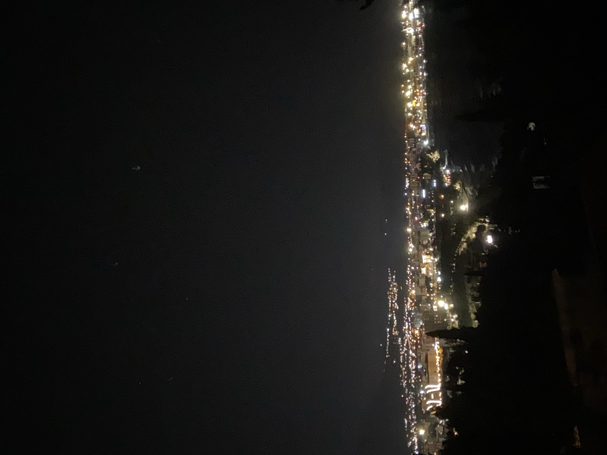The image depicts a nighttime view in Šušanj, Montenegro. The cityscape is illuminated by yellow lights extending along the coastline. To the left, there is an unlit expanse of water. Dark silhouettes of vegetation are visible on the right. No people are discernible.