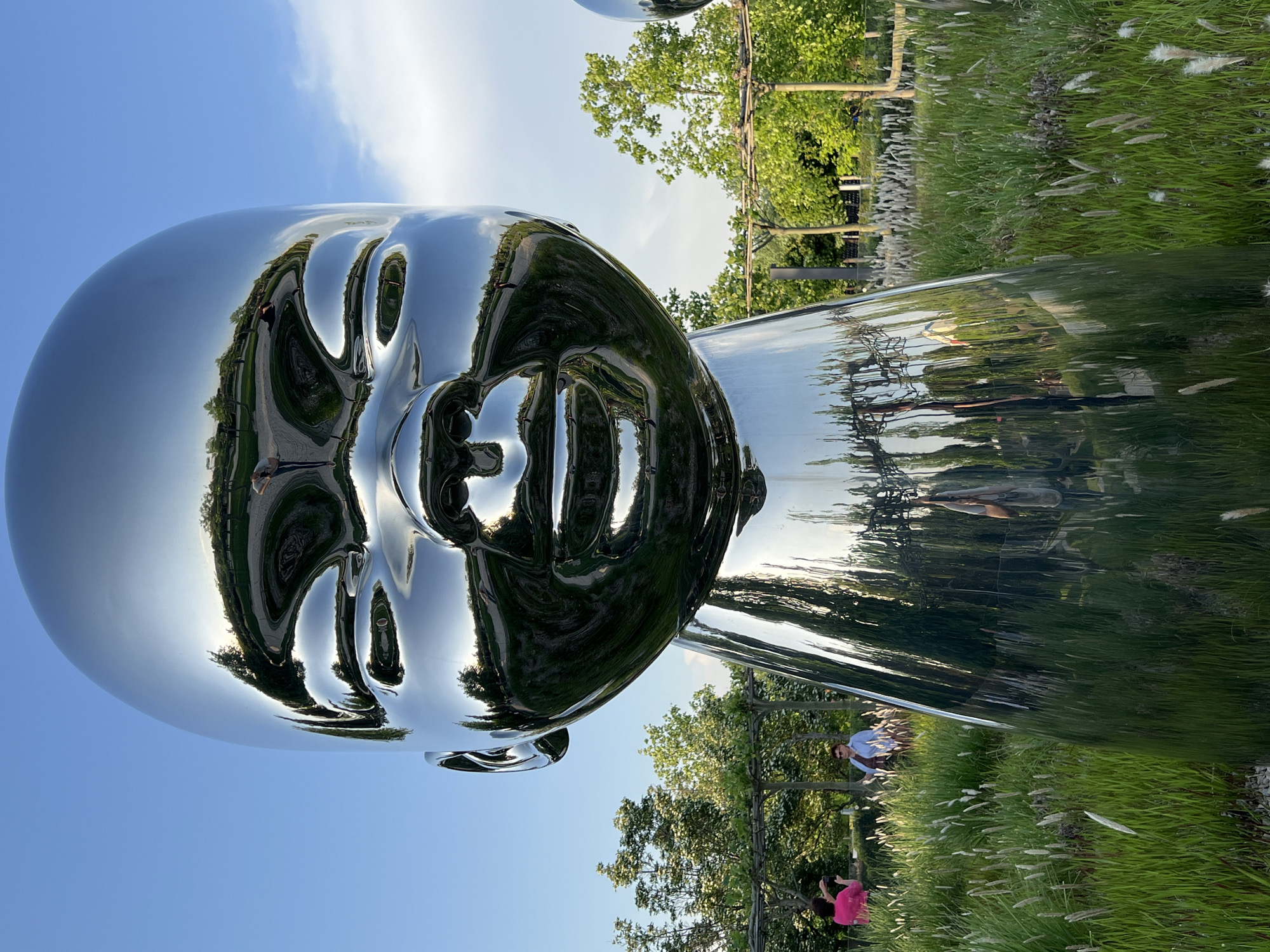 A polished, chrome-like sculpture of a child's face is presented in a public outdoor space. The sculpture's surface reflects the surrounding environment, including trees, sky, and a grassy field. Two people are situated in the background near the grass, one wearing pink and taking a photo, and the other wearing white. The scene includes lush green grass with some tall, feathery seed heads, possibly ornamental grasses. The location is the Park "Krasnodar" in Krasnodar, Russia.