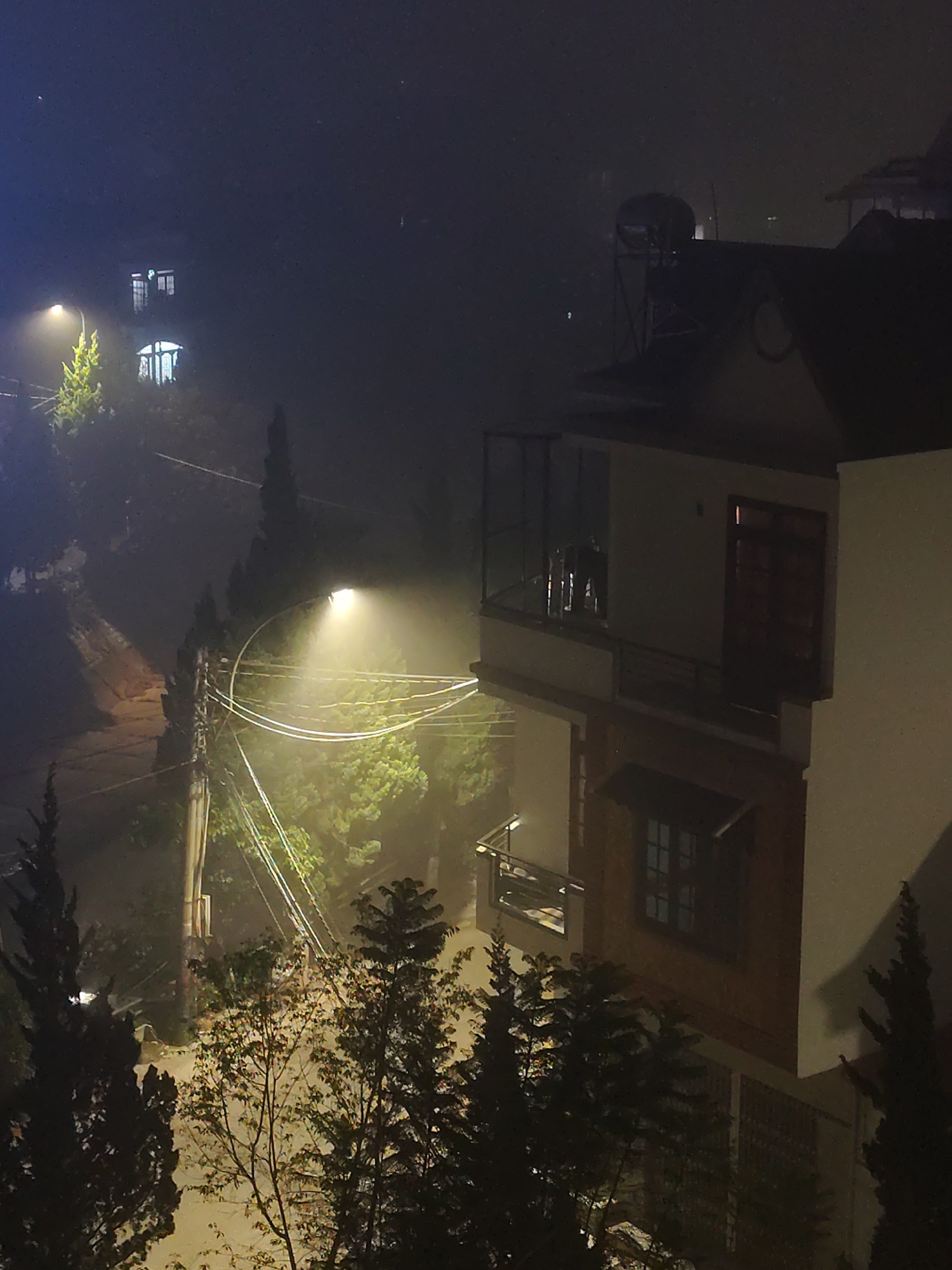 The image depicts a night scene in Da Lat, Vietnam, characterized by fog and artificial lighting. A multi-story building with a balcony and varying window styles stands prominently on the right. To the left, a road winds upwards, illuminated by streetlights that cast a hazy glow through the fog. Utility poles and power lines are visible along the road, and trees are silhouetted in the foreground and midground. A building with lit windows is seen in the upper left background.