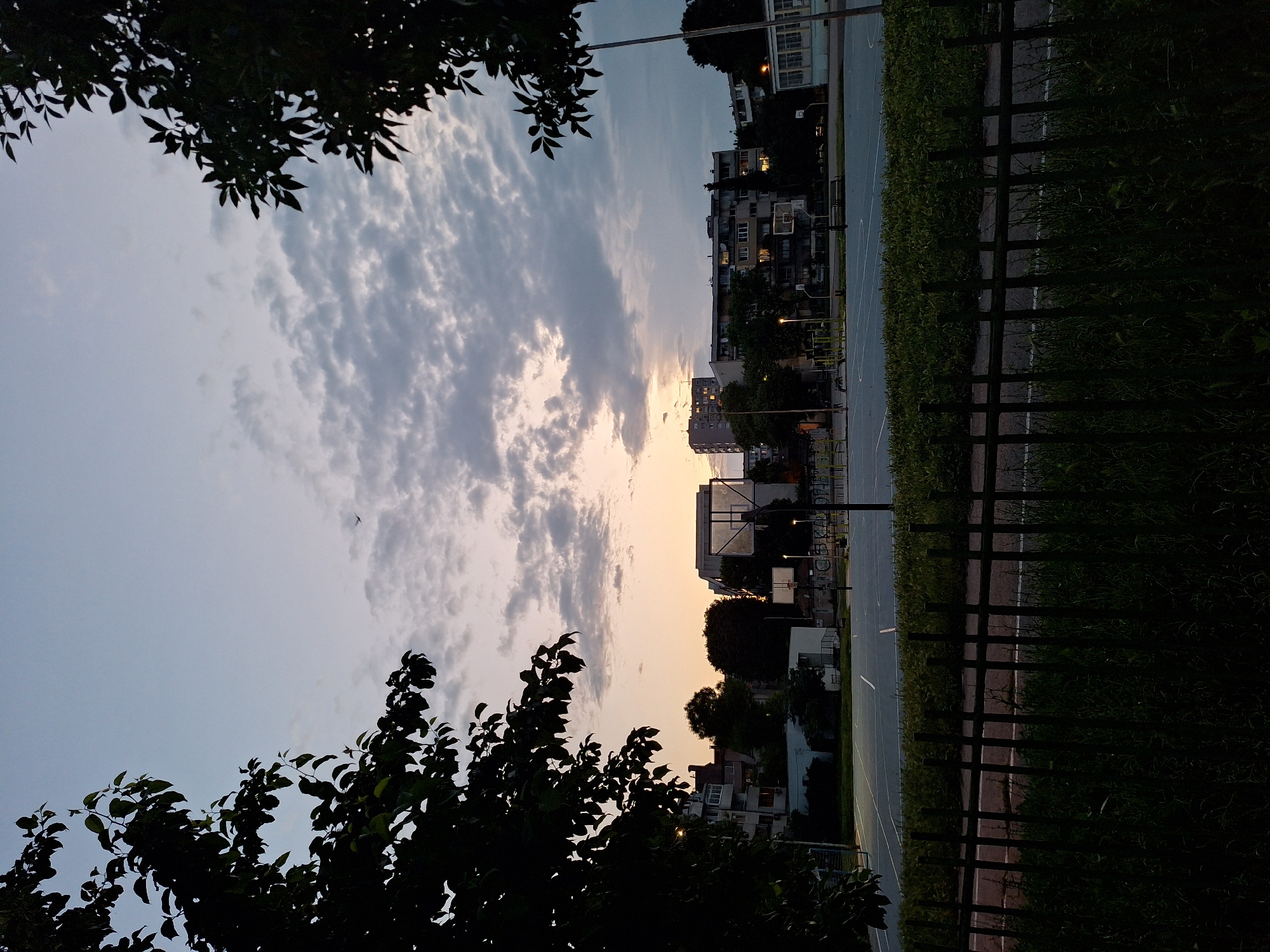 The image depicts an outdoor urban scene at dusk, located in the city of Varna, Bulgaria. The sky transitions from a light blue-grey in the upper left to a darker, cloud-covered expanse towards the right, with a faint orange-pink hue at the horizon, indicating sunset. A small aircraft is observable in the upper mid-right quadrant of the sky.
The foreground is dominated by a dark, silhouetted wooden picket fence, obscured partially by tall, dark green grass. A paved path with a white line runs horizontally behind the fence.
The midground features a blue-grey asphalt basketball court with white boundary markings. Two basketball hoops, complete with backboards and nets, are positioned on the court; one prominently in the center, and a second further back on the right. Adjacent to the court, a white single-story building is visible on the left, alongside green outdoor fitness equipment and several park benches. Streetlights are present but not emitting significant illumination.
The background consists of multiple multi-story residential apartment buildings of varying heights, consistent with post-communist architecture. Some windows exhibit interior illumination. Dense, dark green deciduous trees are scattered throughout the background, partially obscuring the buildings. Large, dark green leafy tree branches frame the image from the left and right sides, silhouetted against the ambient light.
No individuals are discernible within the frame. The basketball court appears unoccupied.