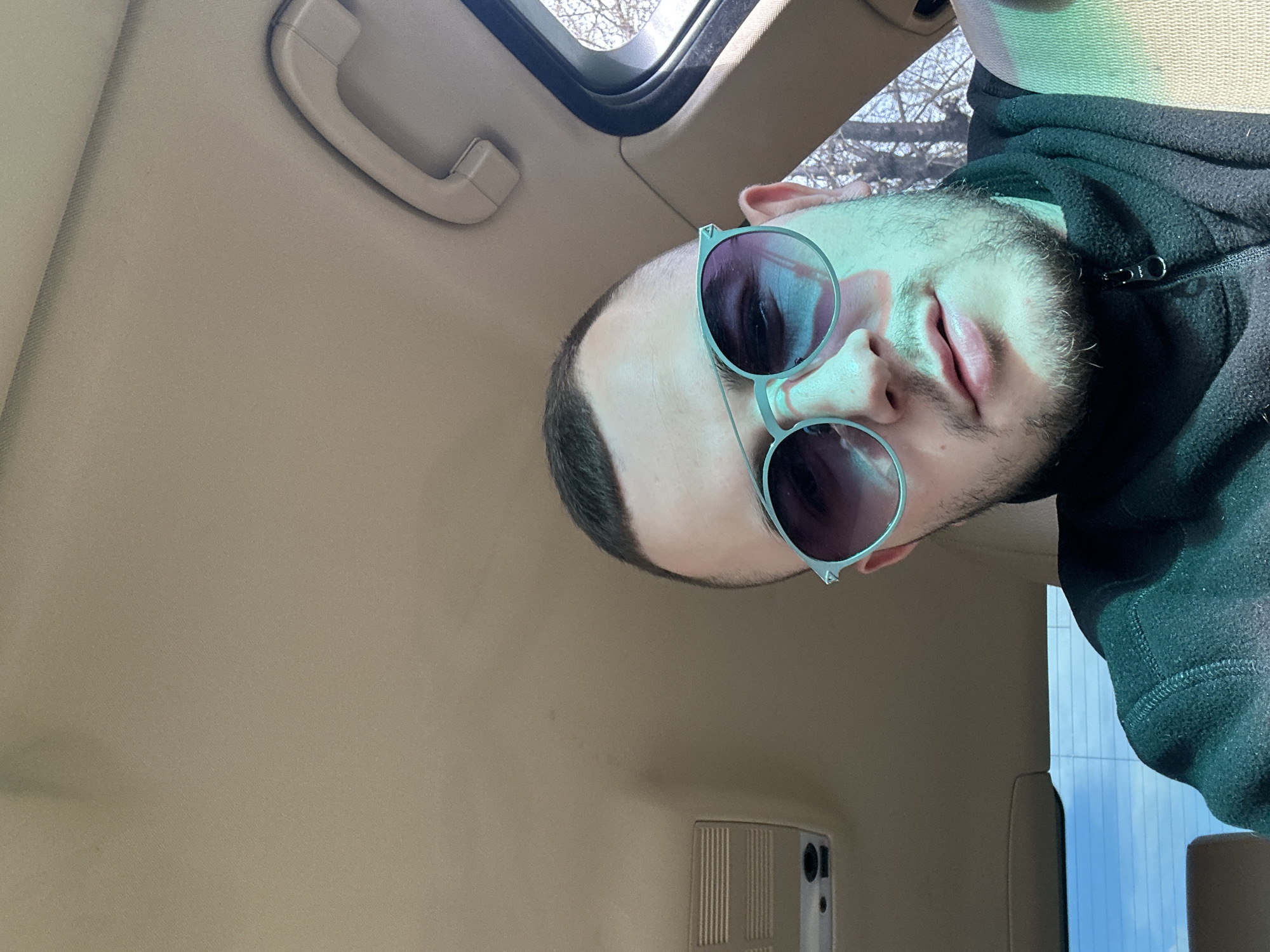 A man with short dark hair, facial hair, and sunglasses is seated in a vehicle. The interior of the car is tan. A sunroof is visible above, revealing a glimpse of trees and sky. The man is wearing a dark hoodie. The scene's location in Plovdiv, Bulgaria cannot be determined from the provided image.