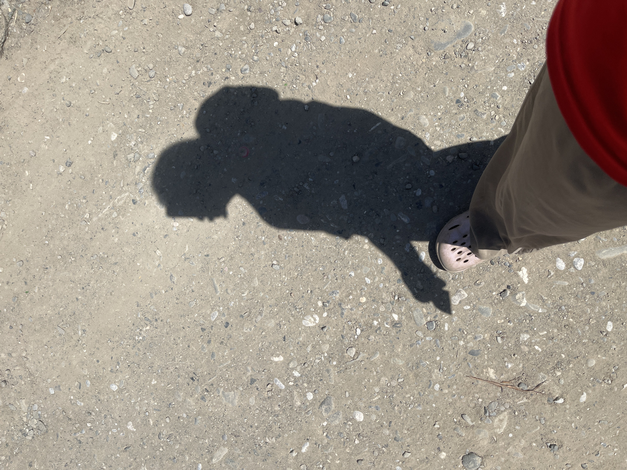 A shadow of a person walking is cast on a gravelly dirt path. The shadow shows the person from the neck up, with a backpack on. The person is wearing a pink Croc-style shoe and brown pants. The ground is composed of small stones and dirt.