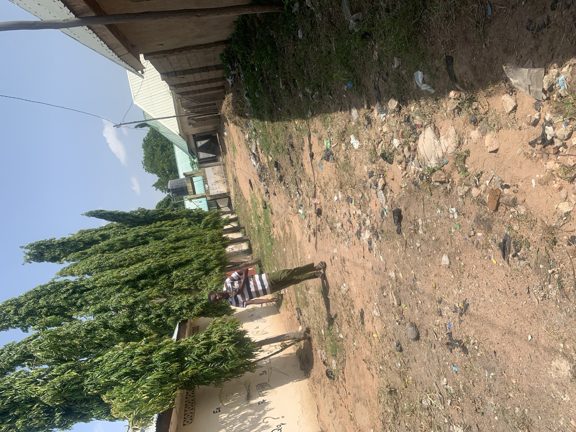 In Jalingo, Nigeria, a young man stands on a dirt path lined with tall, slender trees and a building with a light-colored, textured wall. The man, wearing a horizontally striped t-shirt and dark pants, is looking towards the camera while holding a phone. The ground is uneven and covered with debris, including scattered trash, rocks, and dry vegetation. The building behind him has a white wall with painted letters, some of which are question marks and other characters. Further down the path, more buildings with light-colored, sloped roofs are visible, along with a stone wall. The sky is clear blue with a few scattered clouds.
