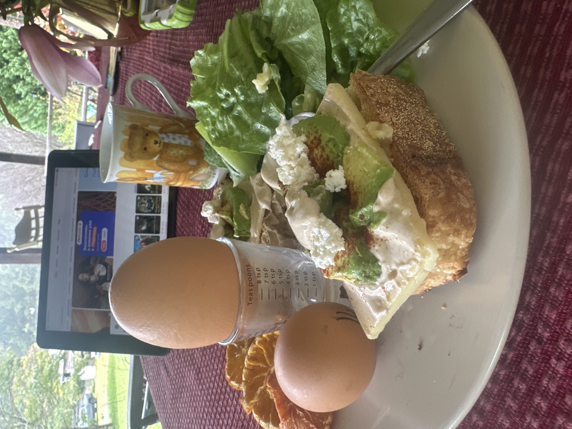 The image shows a breakfast spread on a table, with a tablet displaying content in the background. The breakfast consists of two brown eggs, one in an egg cup with measurement markings, sliced avocado on toast with cheese and crumbled white cheese, and lettuce leaves. Dried orange slices are also visible on the plate. A mug with a teddy bear design and a metallic pitcher with a pink flower are present on the table. The scene appears to be outdoors, possibly on a porch or patio, given the presence of trees and greenery in the background. There is no indication of the city of Thora, Australia, within the image itself.