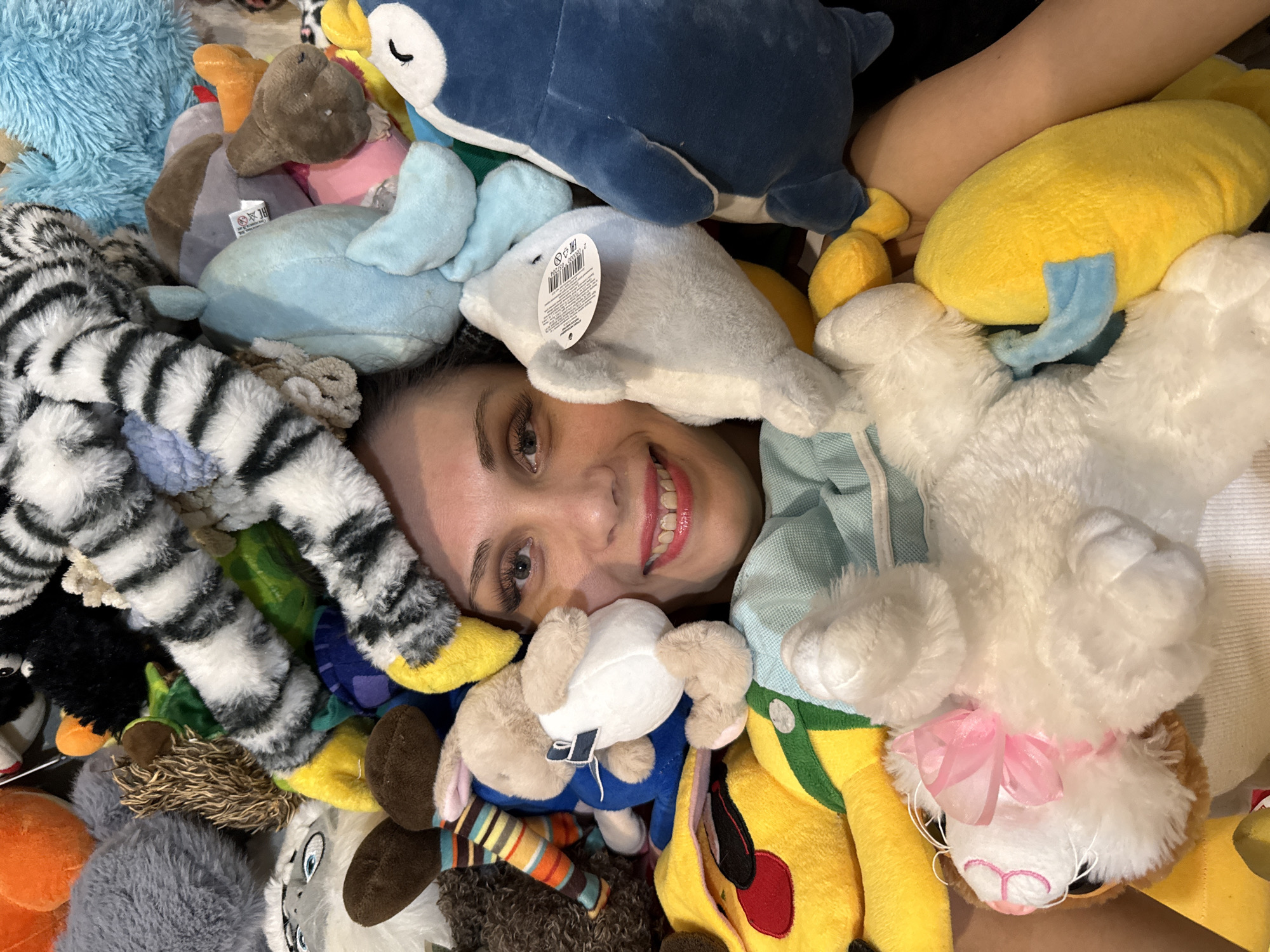 A smiling woman's face is partially obscured by a pile of stuffed animals. The stuffed animals vary in color and type, including a blue penguin, a zebra-striped animal, a gray seal with a tag, and a white rabbit with a pink bow. An arm is visible among the toys. The scene appears to be indoors. No information regarding the city of Bor, Russia is visible.