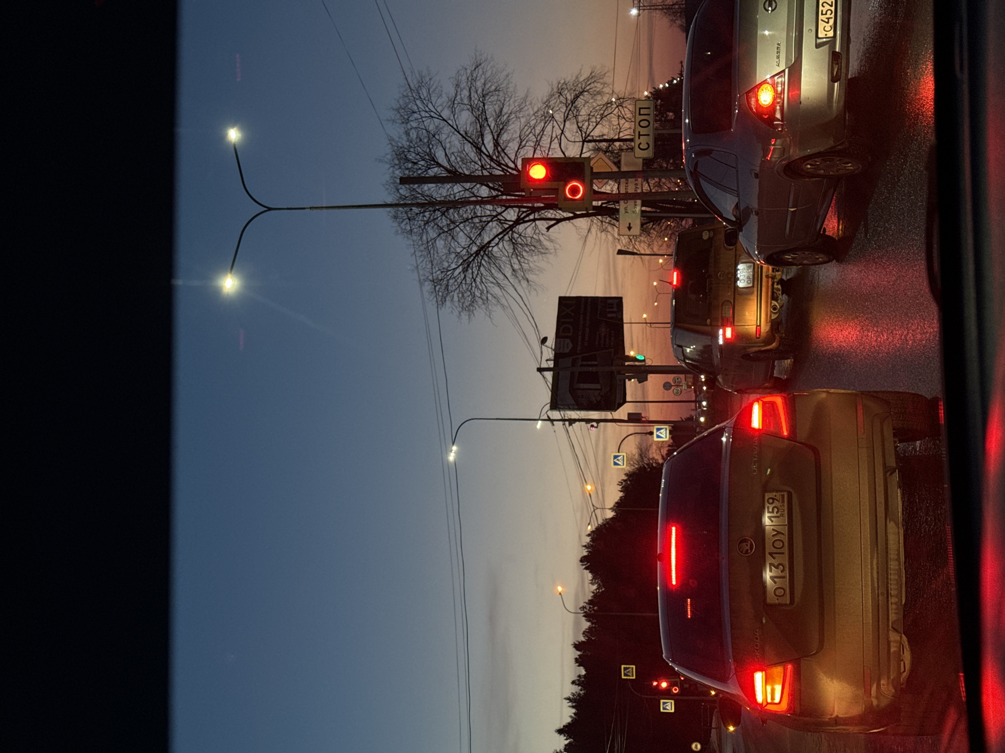The image depicts a street scene at dusk in Chaikovsky, Russia, specifically at an intersection involving Sovetskaya Street. The perspective is from inside a vehicle, looking forward through the windshield, with the top of the dashboard visible in the foreground. The asphalt road is wet, reflecting the illuminated lights.
Three vehicles are stopped in traffic, with their brake lights activated. Immediately ahead is a dark-colored Skoda Octavia sedan bearing Russian license plate `O 131 OY 159`. To the right of the Skoda, a silver Nissan Almera sedan is visible with a partial license plate `C 452`. Further ahead in the right lane, a gold-colored SUV, possibly a Nissan X-Trail, is stopped with a partial license plate `O 396 OP 13_`.
A traffic light prominently displays a solid red signal, halting the vehicles. Below it, a smaller circular red light is also illuminated. Adjacent to the traffic light pole is a white rectangular sign displaying "СТОП" (STOP) in Cyrillic. Another white directional sign with a left-pointing arrow reads "ул. Советская" (Sovetskaya Street) in Cyrillic, with a partial English transliteration, confirming the location.
The environment includes multiple illuminated streetlights and overhead power lines. A large, bare-branched tree stands behind the traffic light. On the left, a billboard sign with "DIXI" visible is present. Several yellow triangular pedestrian crossing signs are positioned along the street. The sky exhibits a gradient of deep blue to orange and purple hues characteristic of twilight.
