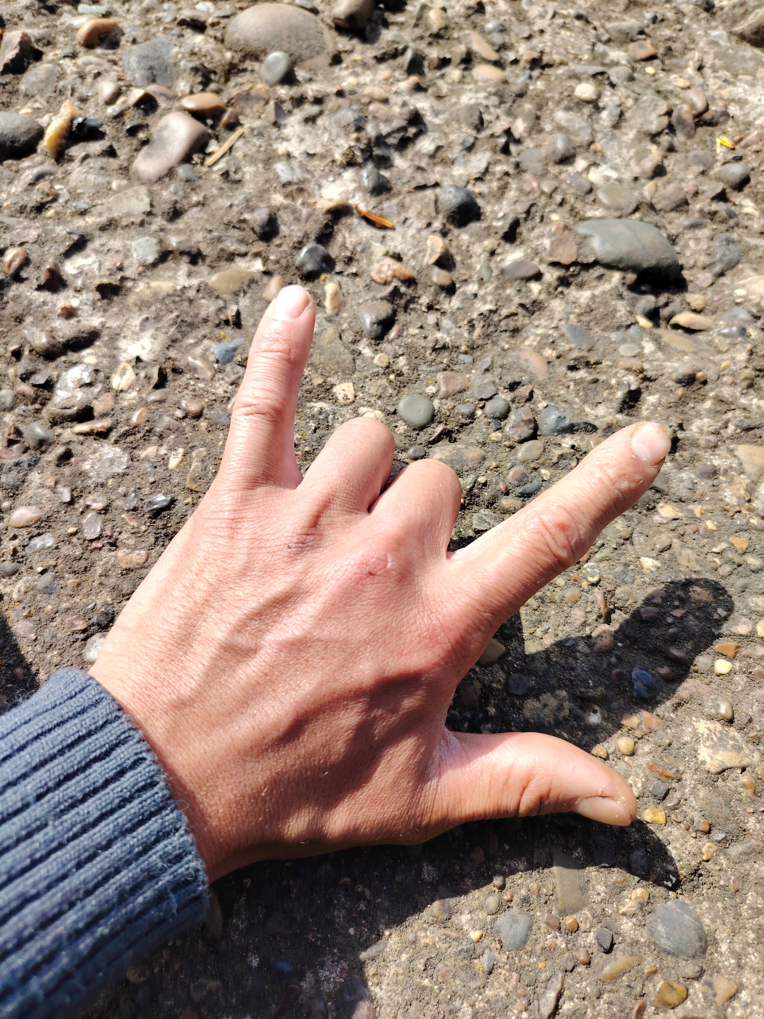A human hand, wearing a gray ribbed knit sweater, is positioned against a background of rough, pebble-embedded concrete. The hand is displaying the "I love you" hand sign (American Sign Language), with the index and pinky fingers extended, the thumb extended, and the middle and ring fingers folded down. The scene is outdoors in daylight, evidenced by the shadow of the hand cast onto the concrete. The location in Chaikovsky, Russia, is undetermined from the image. No people, specific subjects, objects, actions, or interactions beyond the hand and concrete are depicted. The environment appears to be a ground-level surface, possibly a pathway or road.