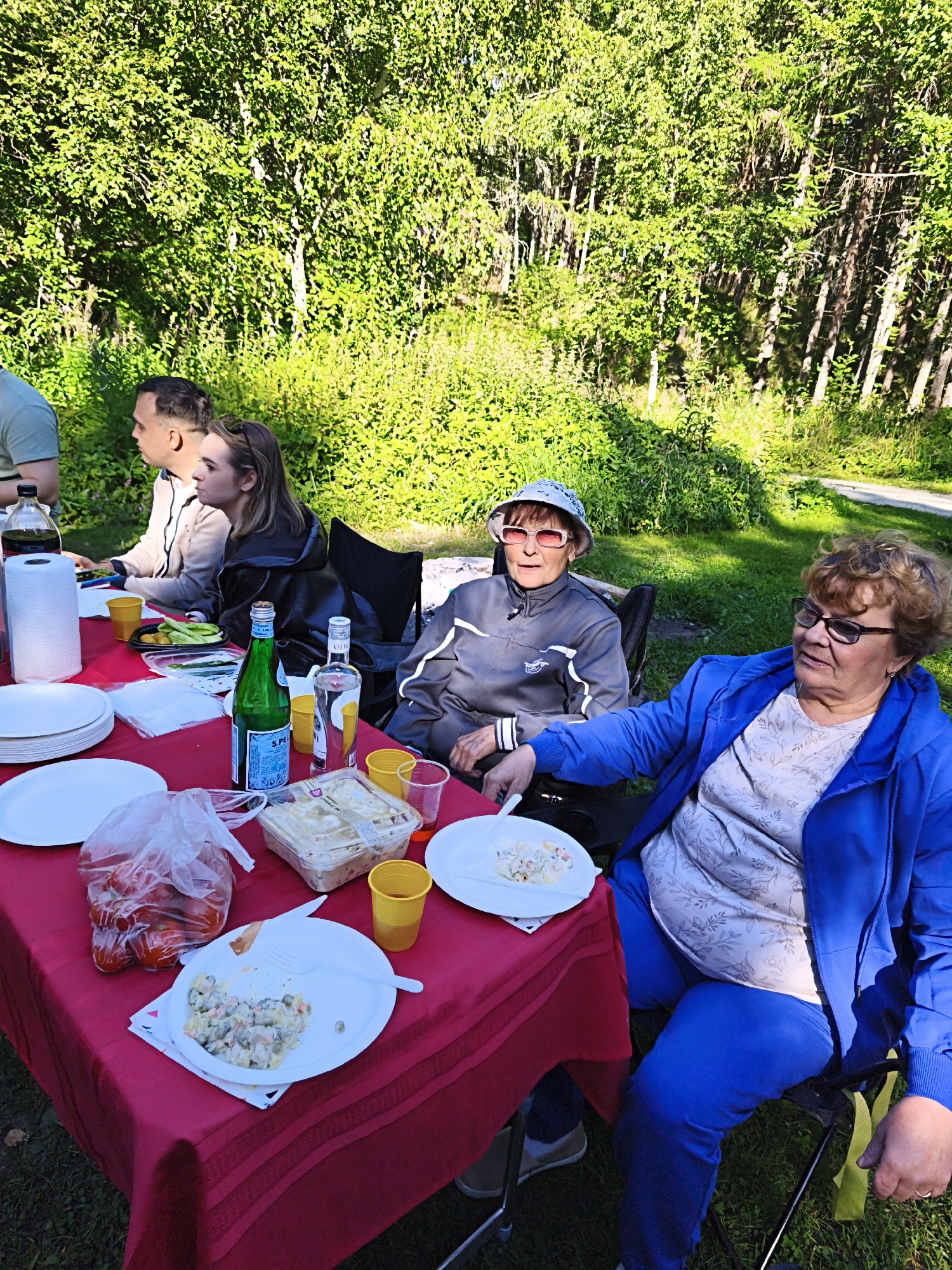 In Maardu, Estonia, an outdoor picnic unfolds under a canopy of lush green trees. A red tablecloth drapes over a table laden with picnic fare. White paper plates are stacked, and a plastic bag holds bright red tomatoes. A container of salad sits ready, accompanied by yellow plastic cups. A green bottle of Pellegrino water and a clear bottle are also present. Two women, one wearing a gray tracksuit and a bucket hat with pink-rimmed glasses, and another in a blue tracksuit with glasses, are seated at the table. Behind them, two other individuals, a man and a woman, are also seated. The natural beauty of the Maardu surroundings is evident, with dense foliage and dappled sunlight contributing to the serene atmosphere of this outdoor gathering.