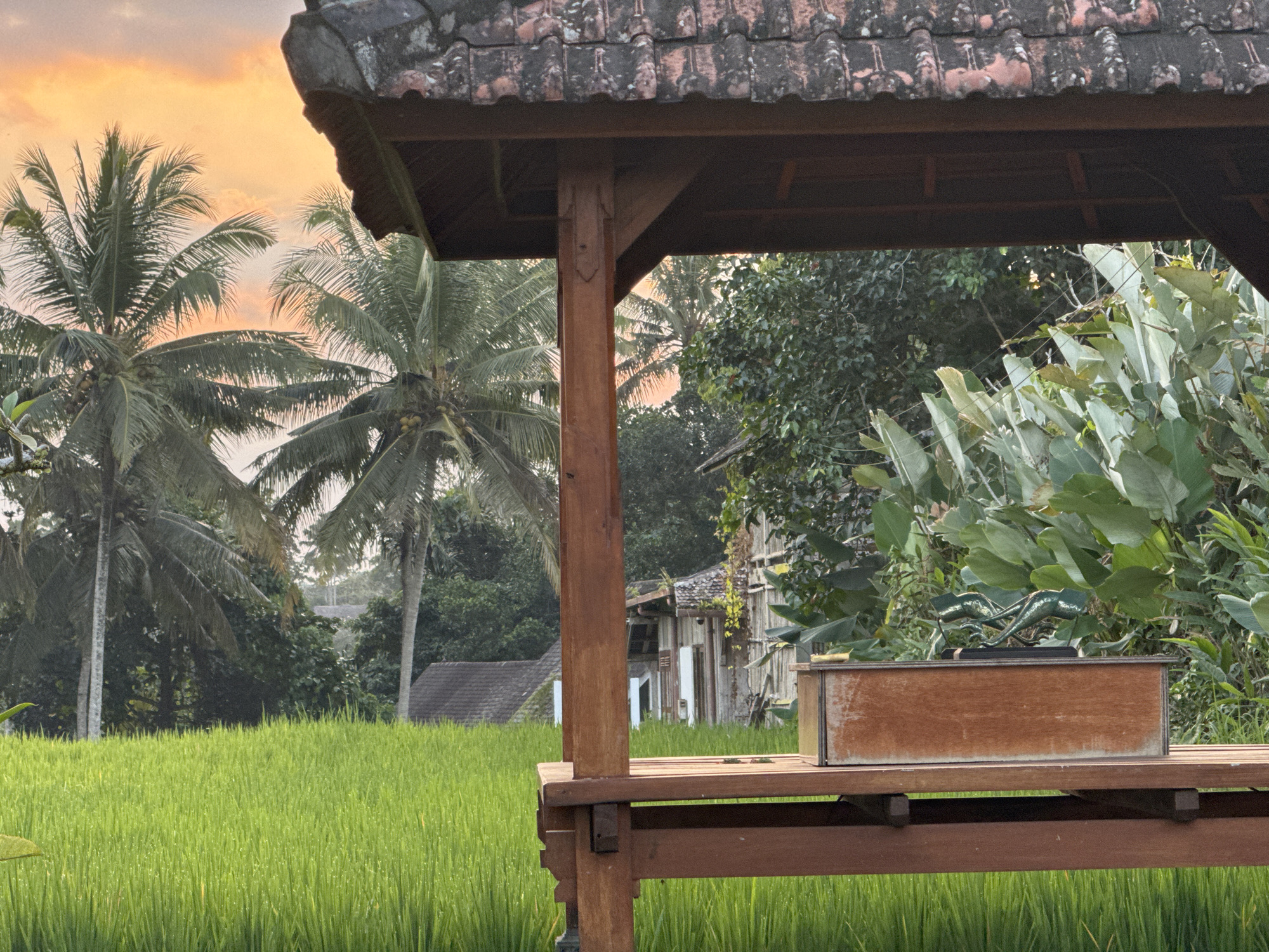 In the city of Tegallalang, Indonesia, a wooden gazebo frames a vibrant green rice paddy. Palm trees and lush foliage are visible in the background. The sky is a warm orange hue, suggesting either sunrise or sunset. Inside the gazebo, a wooden box sits on a bench, with a metallic sculpture resting on top. The scene evokes a sense of tropical tranquility.