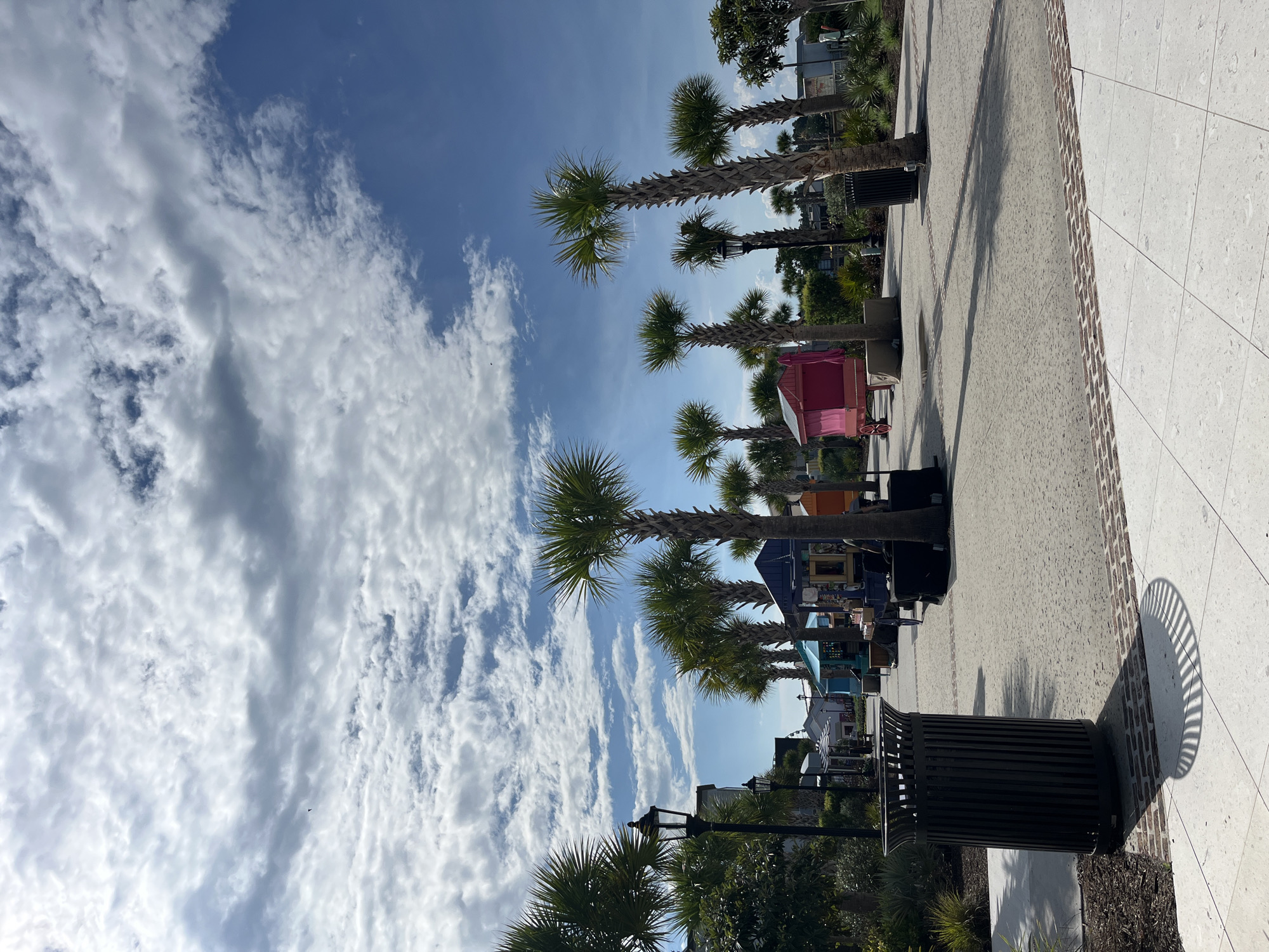 This image, captured in Myrtle Beach, United States of America, presents a sunny outdoor scene along a paved walkway or plaza, lined with palm trees and commercial establishments.
The sky dominates the upper portion of the frame, a clear blue expanse dotted with scattered white, fluffy cumulus clouds, indicating pleasant weather. A row of tall palm trees with robust trunks and green fronds stands vertically, extending from the middle ground towards the background. These trees cast distinct, long shadows across the ground, suggesting it is either mid-morning or late afternoon.
The ground consists of light-colored, possibly concrete or tiled, paving, with a decorative strip of reddish-brown brick-like pavers running along its edge. In the foreground, a dark, slatted trash can is visible on the right, also casting a noticeable shadow. Behind the palm trees, a series of colorful structures appear to be small shops or stalls, featuring various hues like pink, blue, and shaded awnings, adding to the vibrant atmosphere. Further back, another lamppost can be seen.
While no people are distinctly visible, the setting suggests an active commercial or recreational promenade, conducive to leisurely strolls, shopping, or dining. The overall impression is one of a relaxed, tropical, and inviting environment. No discernible text is visible in the image.