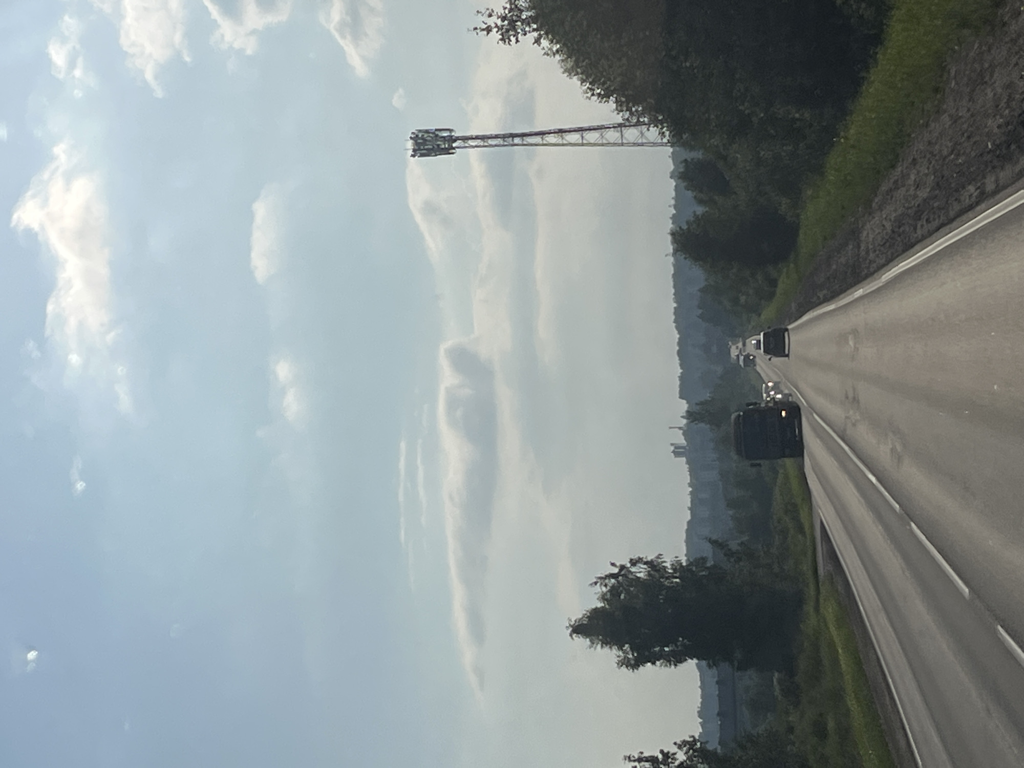 The image, captured from a moving vehicle on a highway in Romanovka, Russia, depicts a scene on a cloudy day. The primary subject is a cell tower, a tall, lattice-like structure with antennas at its apex, dominating the left side of the frame. The tower stands against a pale blue sky filled with soft, wispy clouds. To the right of the tower, a dense line of trees forms a natural border along the highway.
The highway itself stretches into the distance, with several vehicles visible on it. The road appears to be a multi-lane thoroughfare with white lane markings. The right side of the highway is bordered by a grassy embankment with patches of rough terrain. The time of day appears to be daytime, given the brightness of the sky and the visibility of the landscape. The weather seems to be overcast, as indicated by the diffused light and the presence of clouds.
The overall mood is one of travel and infrastructure in a rural or semi-rural setting. The image conveys a sense of movement and the passage of time, as suggested by the perspective from a moving vehicle and the highway leading into the distance. There are no visible people, text, or specific emotional cues present in the image.