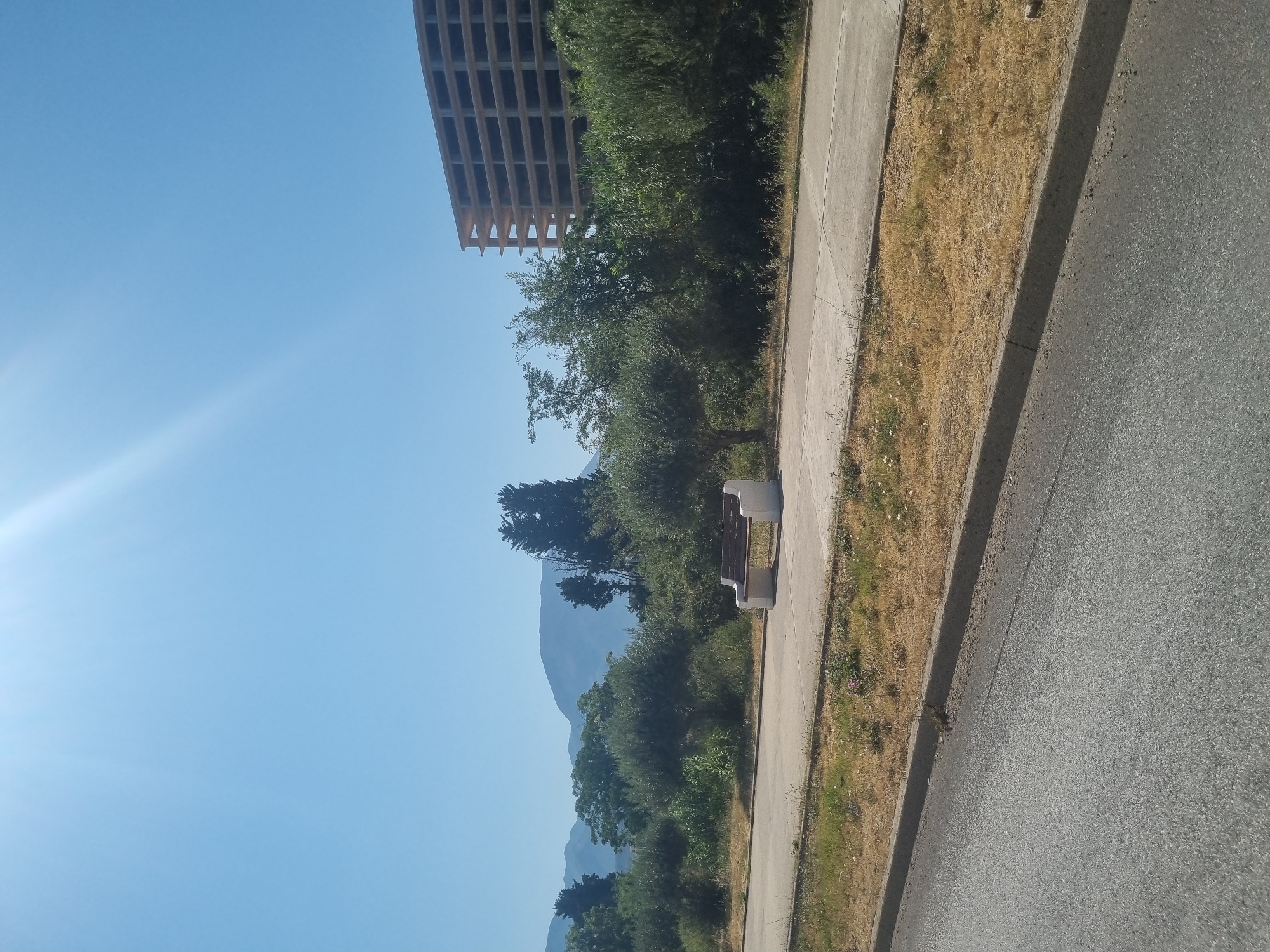 The image shows an outdoor scene with a clear blue sky. In the foreground, there is an asphalt road with a concrete curb. Beyond the curb is a dry, grassy embankment with a paved pathway running parallel to the road. A solitary bench with a wooden seat and concrete supports is situated on the pathway. Behind the pathway, a dense line of trees and green foliage stretches across the middle ground. In the distance, hazy blue mountains form the backdrop. To the right of the foliage, a large, unfinished concrete building with multiple visible floors and openings stands out. The overall setting appears to be a somewhat arid, possibly coastal environment. The specific location is likely near the coast in Bar, Montenegro, given the architectural style of the unfinished building and the mountainous landscape.