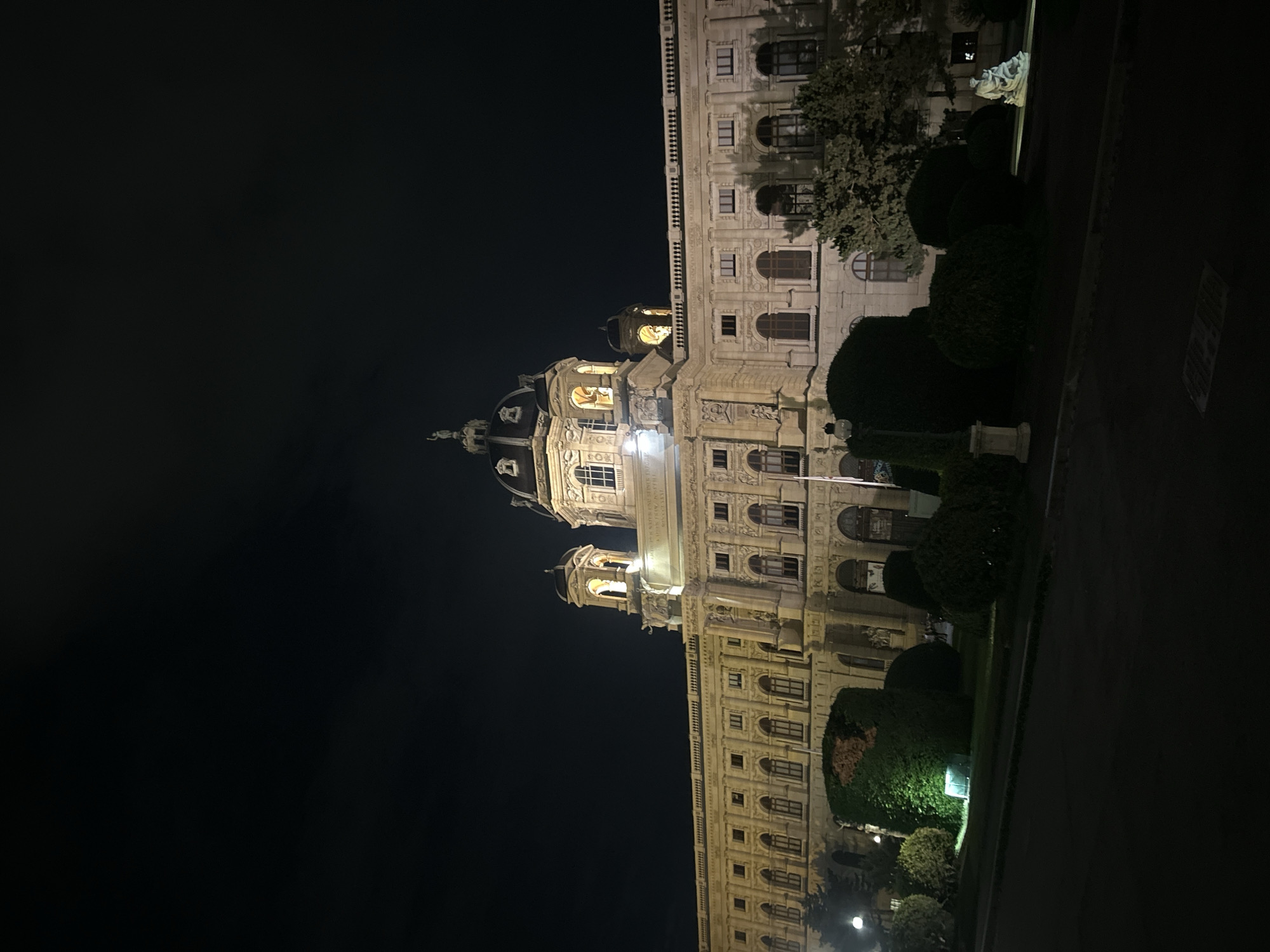 The image shows the exterior of the Kunsthistorisches Museum in Vienna, Austria, at night. The grand building is illuminated, highlighting its ornate architecture, including domes, columns, and statues. Lush green manicured bushes and trees are visible in the foreground. The sky is dark, indicating nighttime. No people or vehicles are visible in the frame.