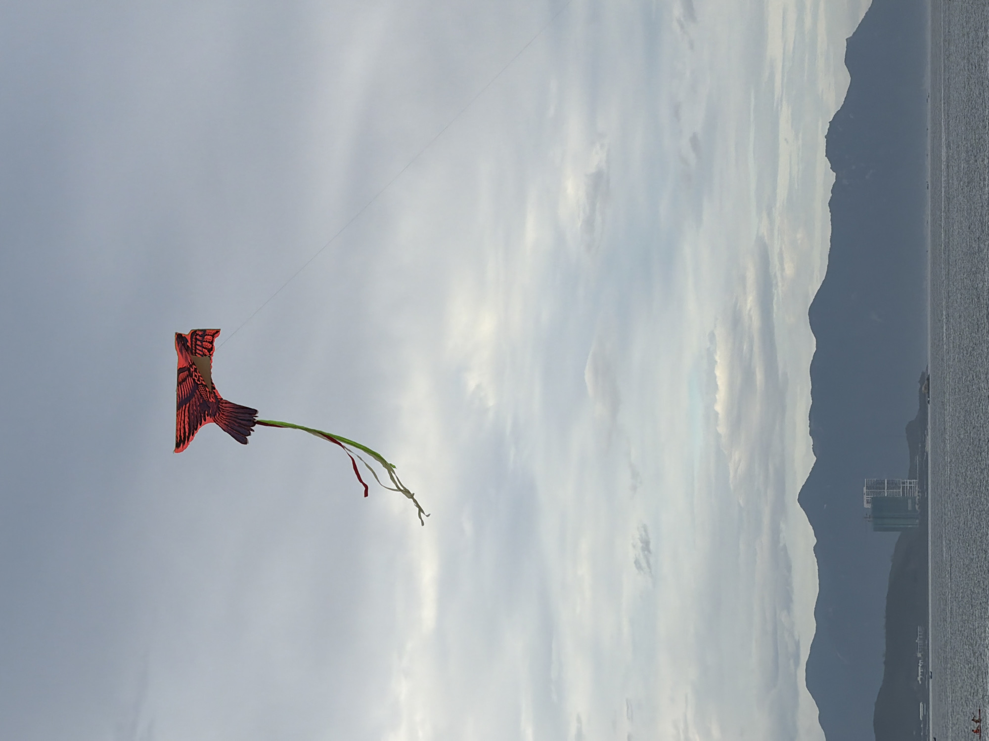 An eagle-shaped kite, predominantly red with black accents, flies high against a cloudy sky. The kite has a long tail composed of green and red ribbons, with a thin string extending downwards and to the right. In the distance, a tranquil body of water stretches towards a silhouette of mountains. On the shore, a modern building with white facades and green structural elements is visible, situated among the hills. The scene appears to be set in Nha Trang, Vietnam, indicated by the distinctive mountain range and coastal landscape. The overall atmosphere is calm and serene, with the kite being the sole animated element in the frame.