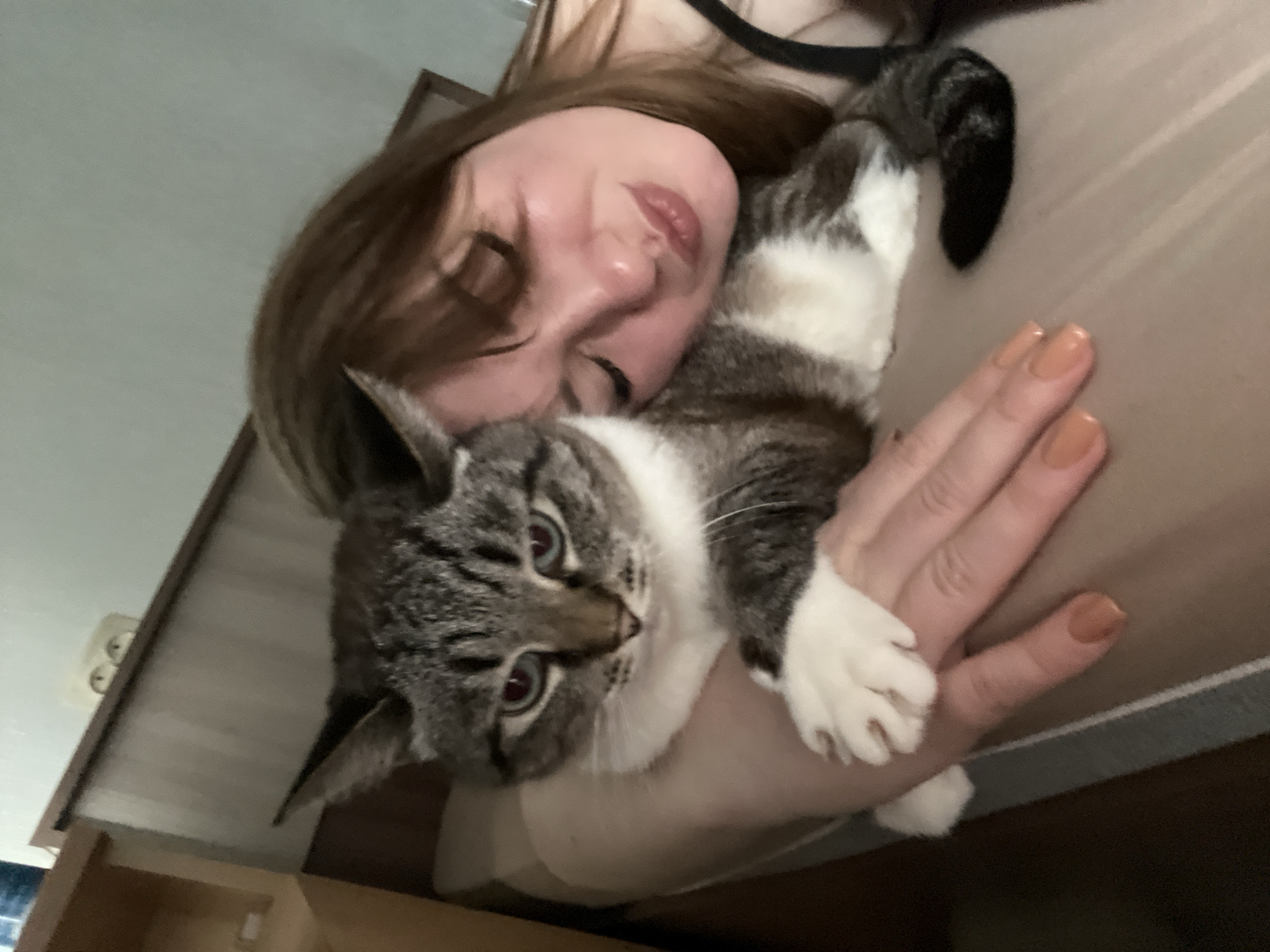 A woman is lying down, holding a gray tabby cat. The cat is facing the camera with wide eyes. The woman's eyes are closed, and her face is near the cat. Her hand is resting on the surface next to them, with painted nails. The background is a room interior with furniture partially visible. The location is Chaikovsky, Russia.