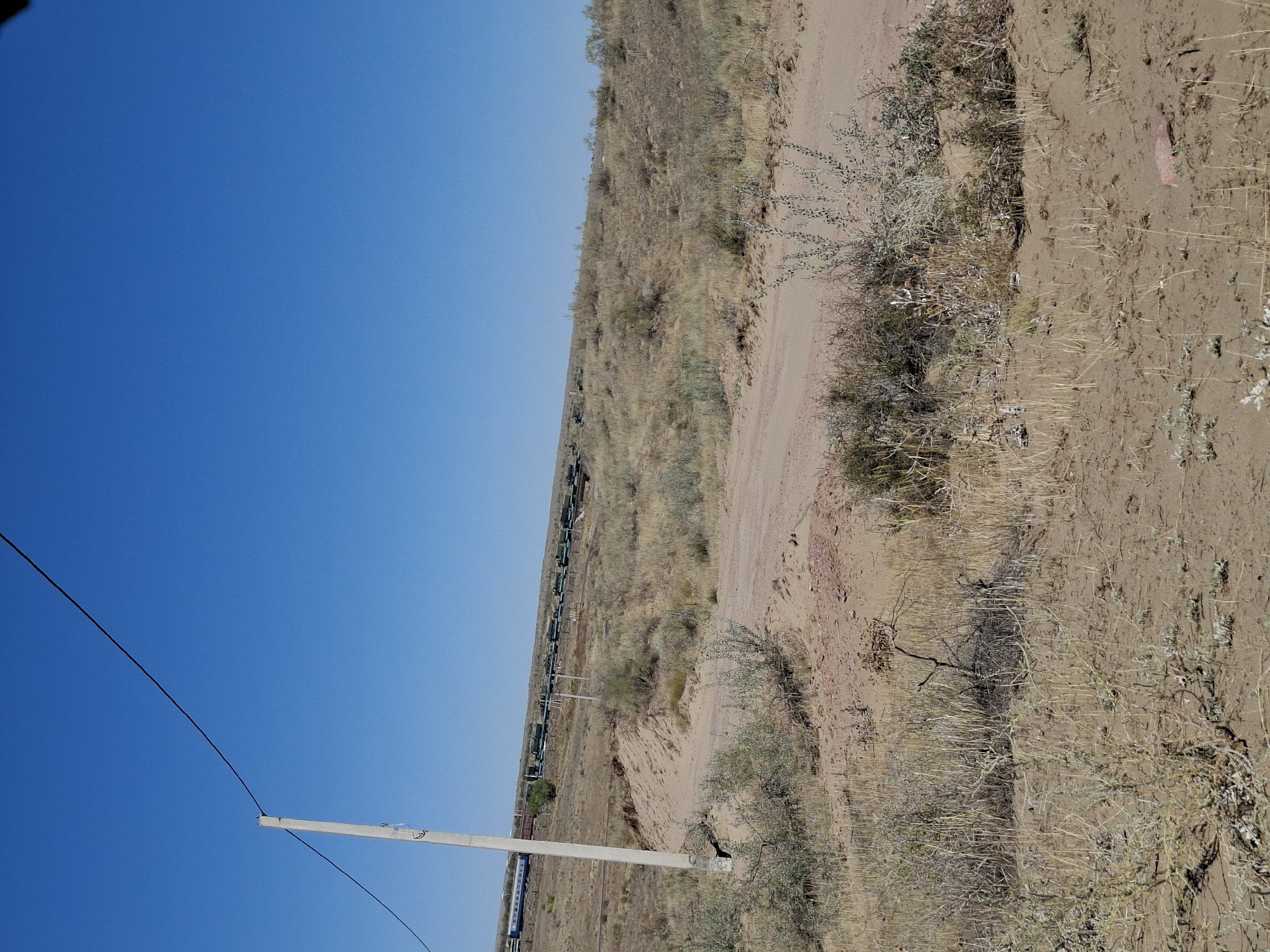 A train travels on a track that runs along a slight incline in a dry, grassy landscape under a clear blue sky. A concrete utility pole stands in the foreground to the left of the image, with a wire extending from it and arching across the sky. The terrain is arid and covered with sparse vegetation, including dry grasses and shrubs. A dirt road is visible in the mid-ground, winding its way through the landscape. The train appears to be a passenger train, with several cars visible, including some blue and white cars. The overall scene suggests a remote, rural setting.