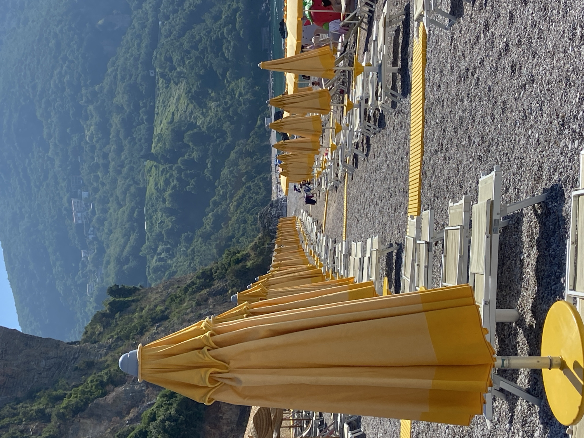 The image depicts a serene beach scene in Prijevor, Montenegro, bathed in bright sunlight. A long row of neatly arranged, closed yellow beach umbrellas stands on a pebbled shore, casting shadows on the white lounge chairs positioned beneath them. The umbrellas are uniform in design, with a light grey cap on each. In the background, a steep, verdant cliff face rises dramatically, its rocky surface softened by lush green foliage. Further in the distance, rolling hills covered in dense green trees recede into a hazy blue sky, dotted with a few distant buildings. The beach appears to be organized with wooden walkways or platforms laid out between the rows of umbrellas and chairs, suggesting a well-maintained tourist facility. The scene is tranquil, with no prominent human activity visible, creating a peaceful atmosphere.