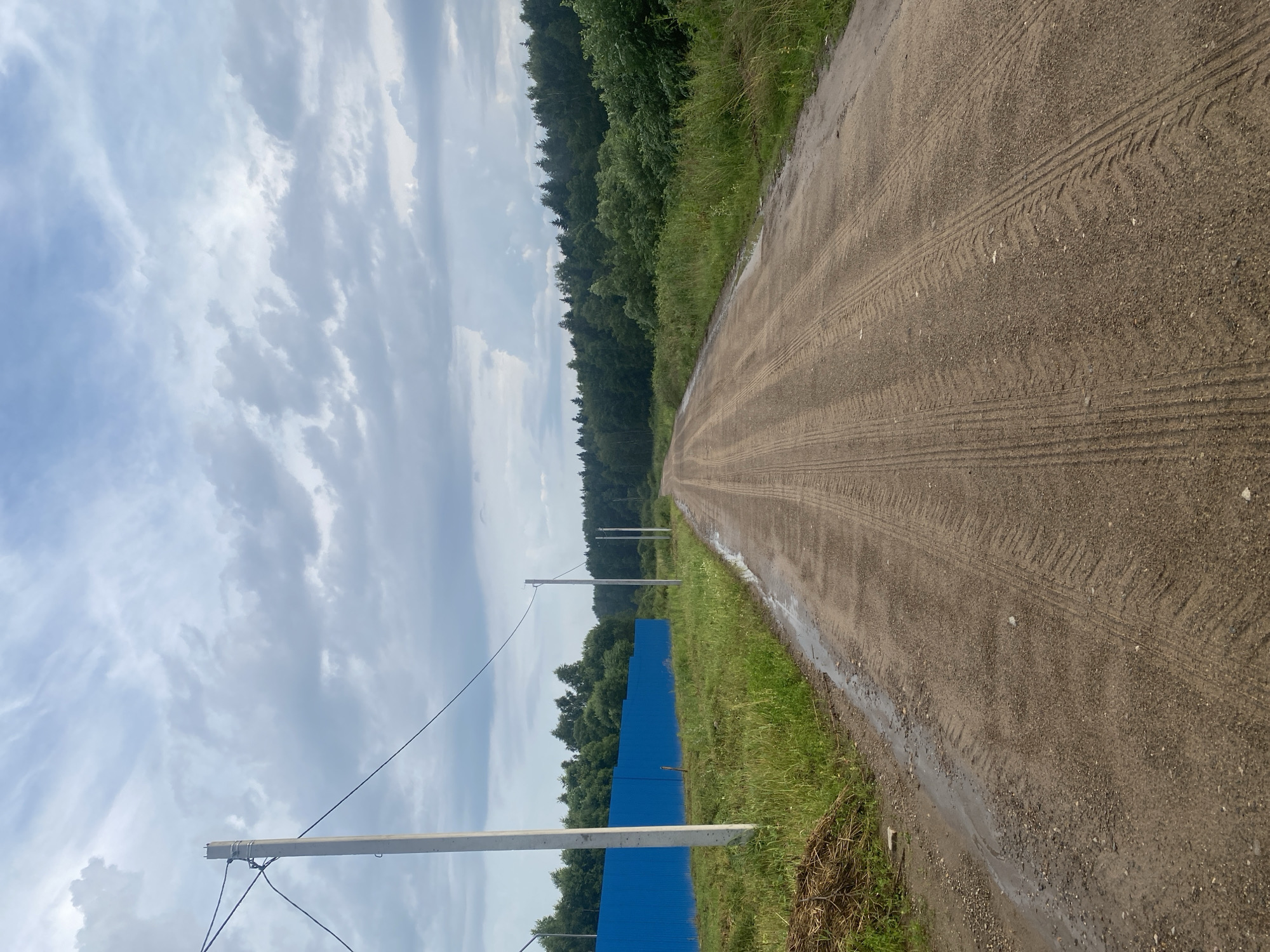 An unpaved road extends into the distance, bordered by lush green grass and trees. A vibrant blue metal fence runs along the left side of the road, with utility poles and wires overhead. The sky is filled with dramatic, cloudy formations. The road's surface shows clear tire tracks, indicating recent vehicle traffic. The scene appears to be on the outskirts of Заволжский, Russia.