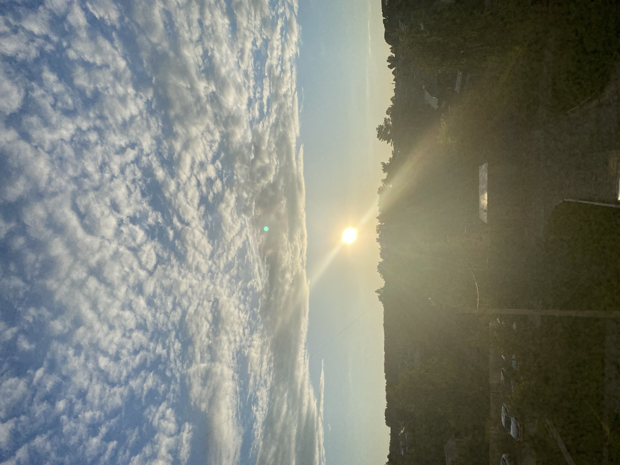 This image, set in the city of Chaikovsky, Russia, captures an outdoor scene under a partly cloudy sky. The upper portion of the frame features a bright blue sky filled with numerous small, white altocumulus clouds. The sun is prominently positioned in the middle-right of the image, emitting strong sunbeams and lens flare that obscure the lower half of the frame. A distinct green lens flare artifact is visible to the left of the sun. A thin, dark linear object, likely a wire or power line, stretches diagonally from the upper-left corner towards the center-right, passing directly in front of the sun.
The horizon is defined by a dense line of dark green trees, suggesting a forested area or tree-lined distant landscape. Below the tree line, various structures, possibly houses or buildings, are dimly visible through the atmospheric haze and sun glare. The immediate foreground is heavily shadowed and affected by the sun's intensity, rendering details indistinct. Dark green foliage consistent with trees and overgrown vegetation occupies the lower sections. On the left side of the mid-foreground, several parked vehicles, including cars of various models, are partially discernible. Towards the bottom-middle, a rectangular structure with a reflective corrugated metal roof is visible. A dark, vertical pole-like object stands in the right-mid foreground. No individuals or specific actions are discernible within the frame. The lighting conditions indicate either early morning or late afternoon.